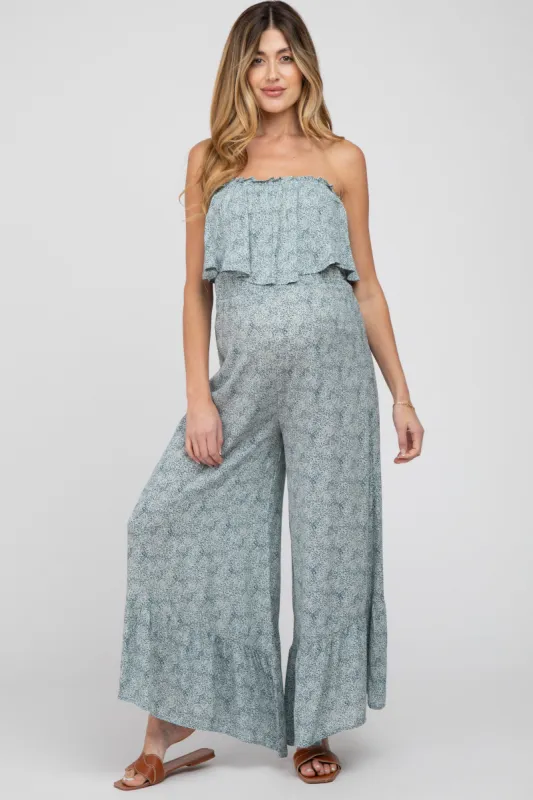 Blue Floral Strapless Ruffle Hem Maternity Jumpsuit sold by Pinkblush
