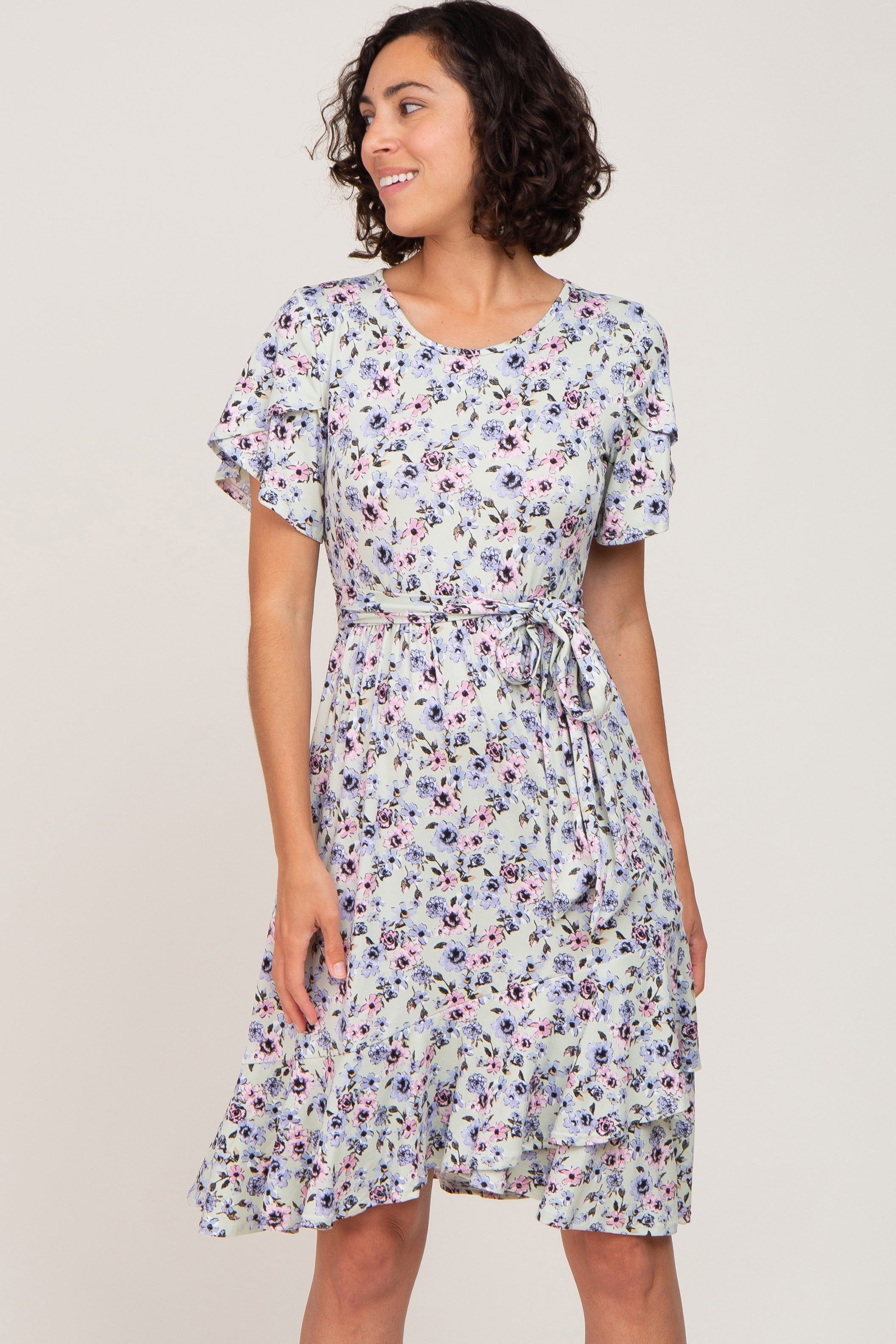 Light Olive Floral Ruffle Dress sold by Pinkblush