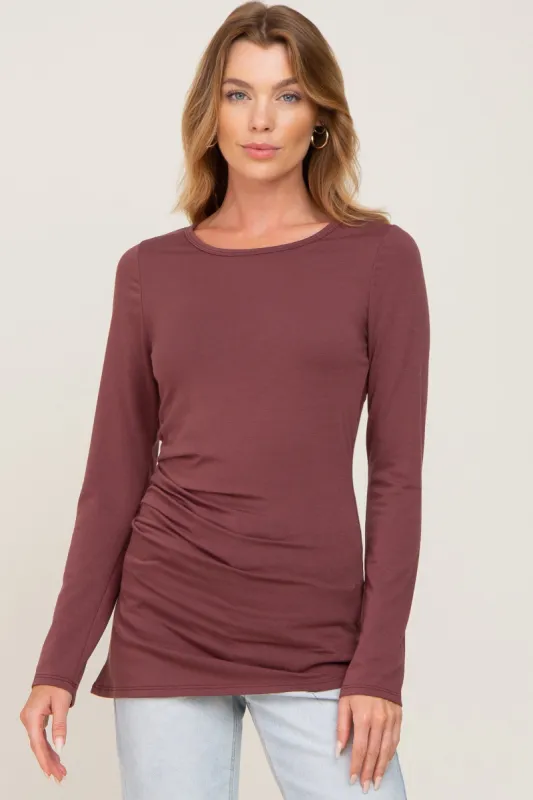 Burgundy Ruched Side Long Sleeve Top sold by Pinkblush