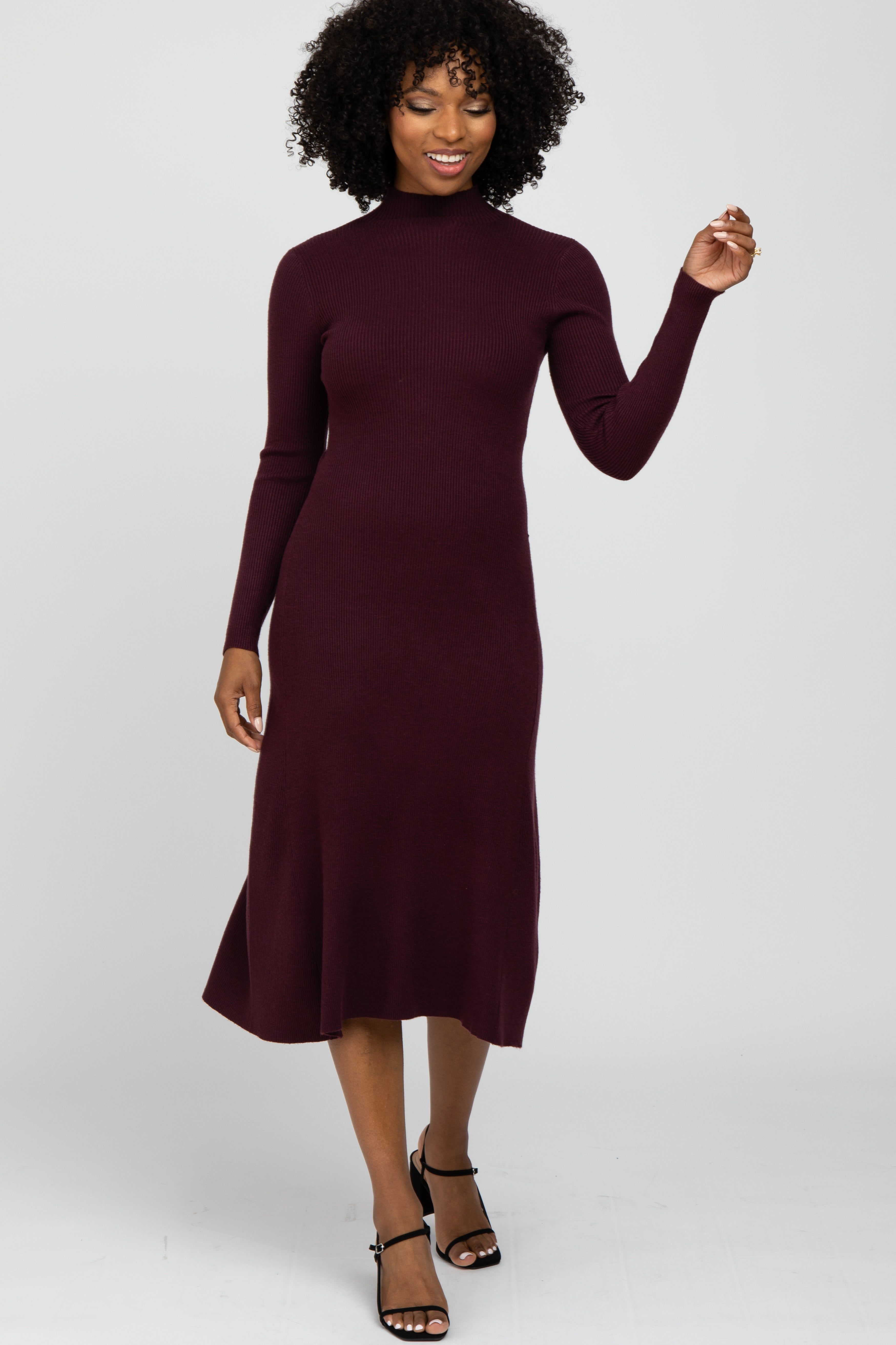 Burgundy Mock Neck Flared Maternity Midi Dress sold by Pinkblush product image thumbnail 4