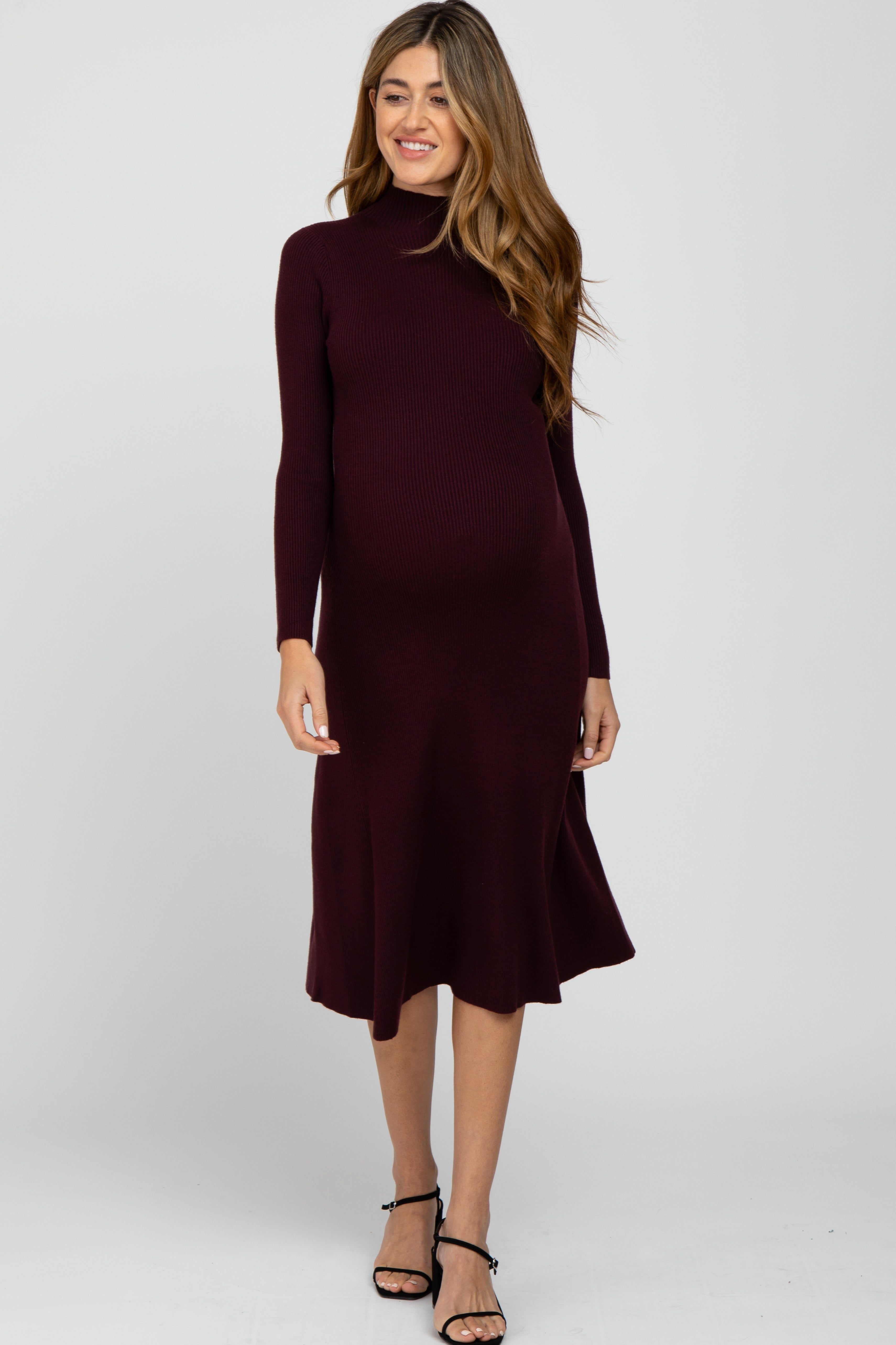 Burgundy Mock Neck Flared Maternity Midi Dress sold by Pinkblush