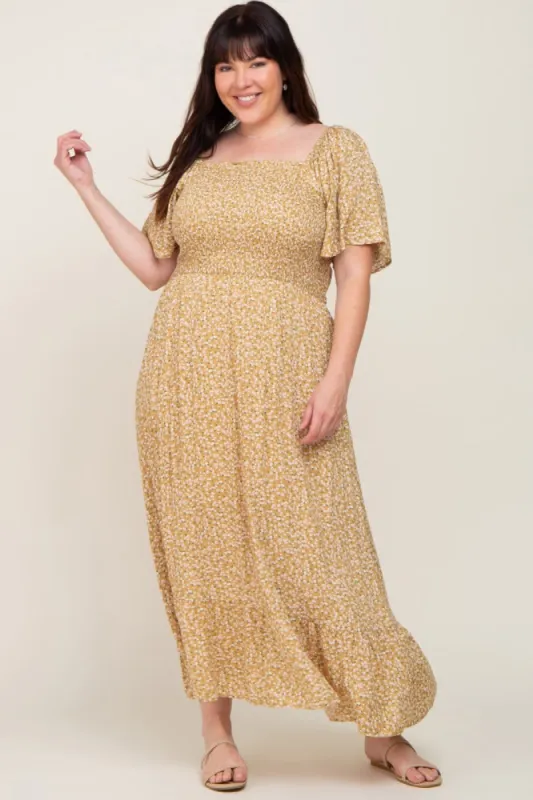 Yellow Floral Smocked Flounce Sleeve Plus Maxi Dress sold by Pinkblush