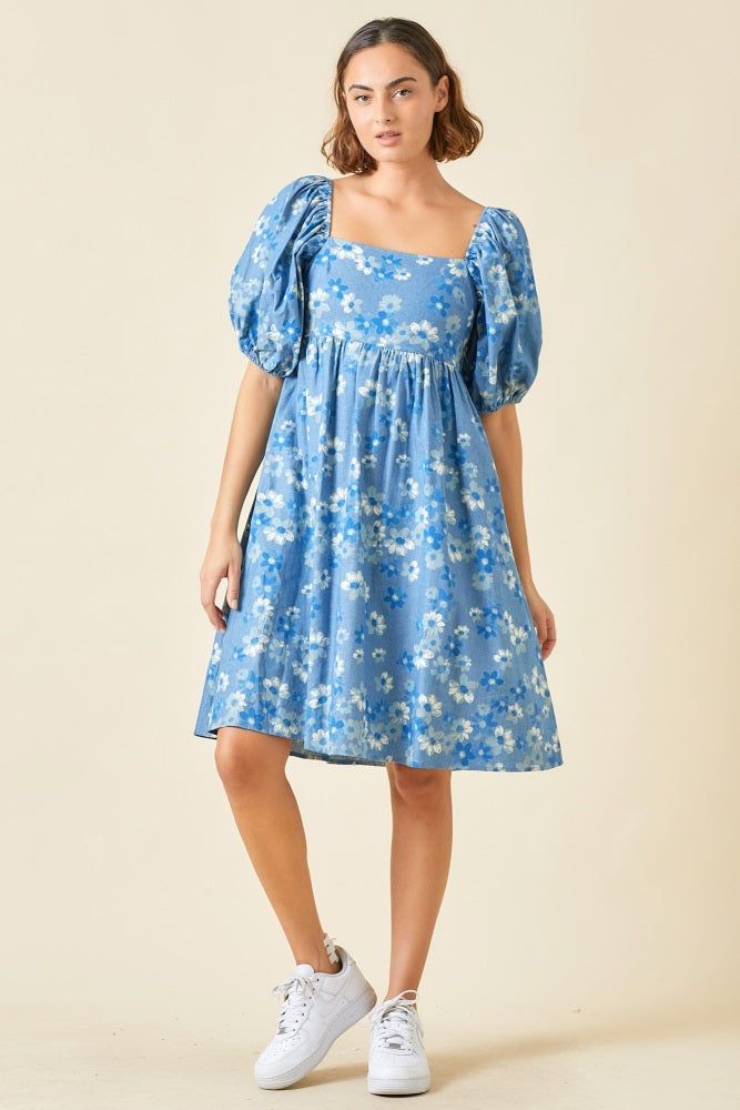Blue Floral Square Neck Denim Dress sold by Pinkblush