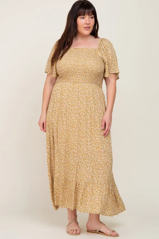 Yellow Floral Smocked Flounce Sleeve Plus Maxi Dress sold by Pinkblush product image thumbnail 5