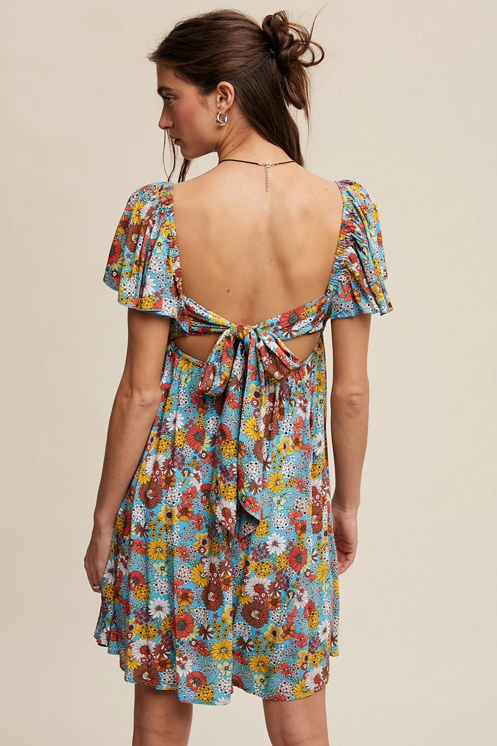 Light Blue Floral Smocked Flutter Sleeve Back Tie Dress sold by Pinkblush product image thumbnail 4