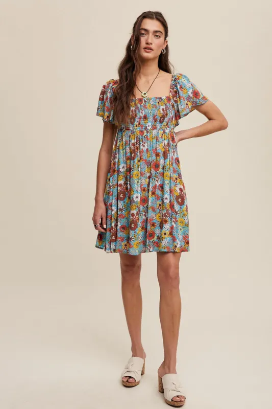 Light Blue Floral Smocked Flutter Sleeve Back Tie Dress sold by Pinkblush