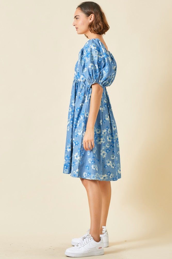 Blue Floral Square Neck Denim Dress sold by Pinkblush product image thumbnail 2