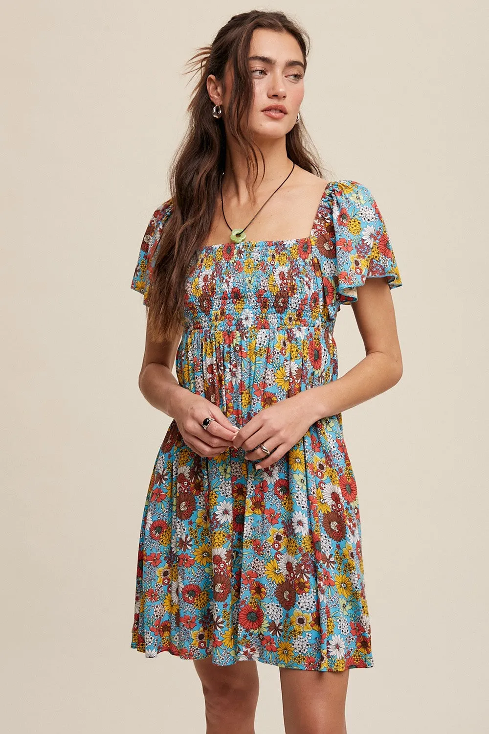 Light Blue Floral Smocked Flutter Sleeve Back Tie Dress sold by Pinkblush product image thumbnail 2