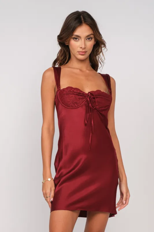 Dark Red Silky Lace Dress sold by Pinkblush