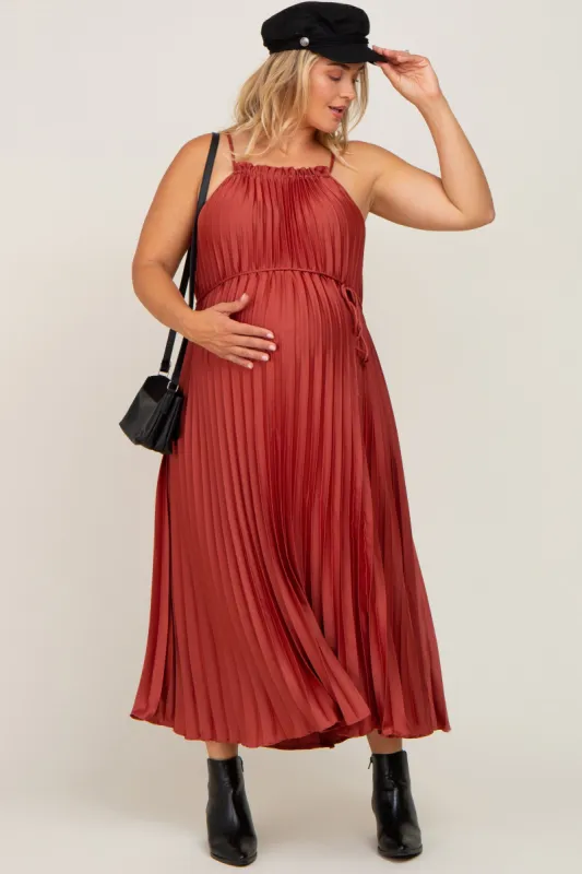 Rust Pleated Sleeveless Waist Tie Maternity Plus Maxi Dress sold by Pinkblush