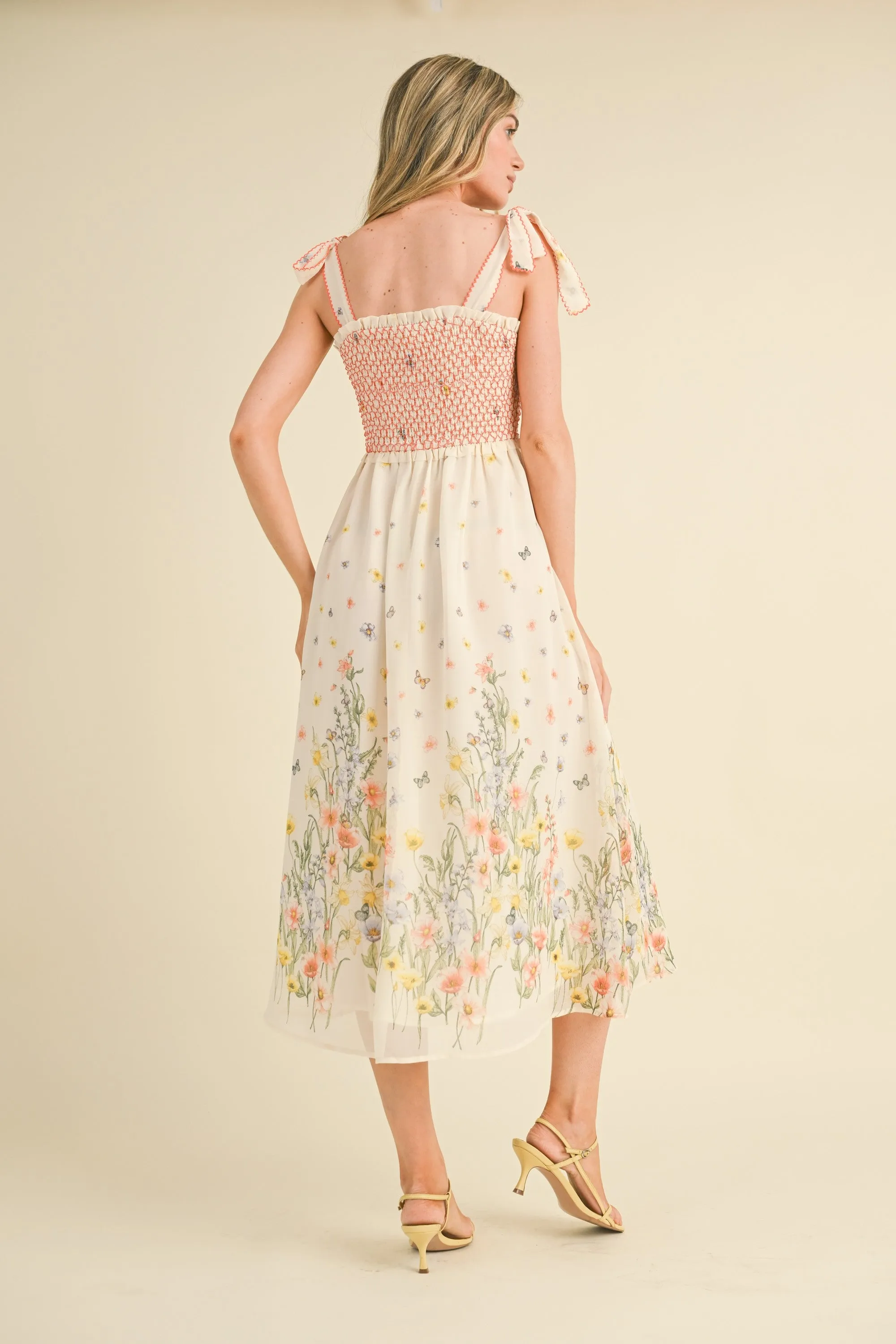 Ivory Multi Floral Contrast Thread Smocked Floral Midi Dress sold by Pinkblush product image thumbnail 4