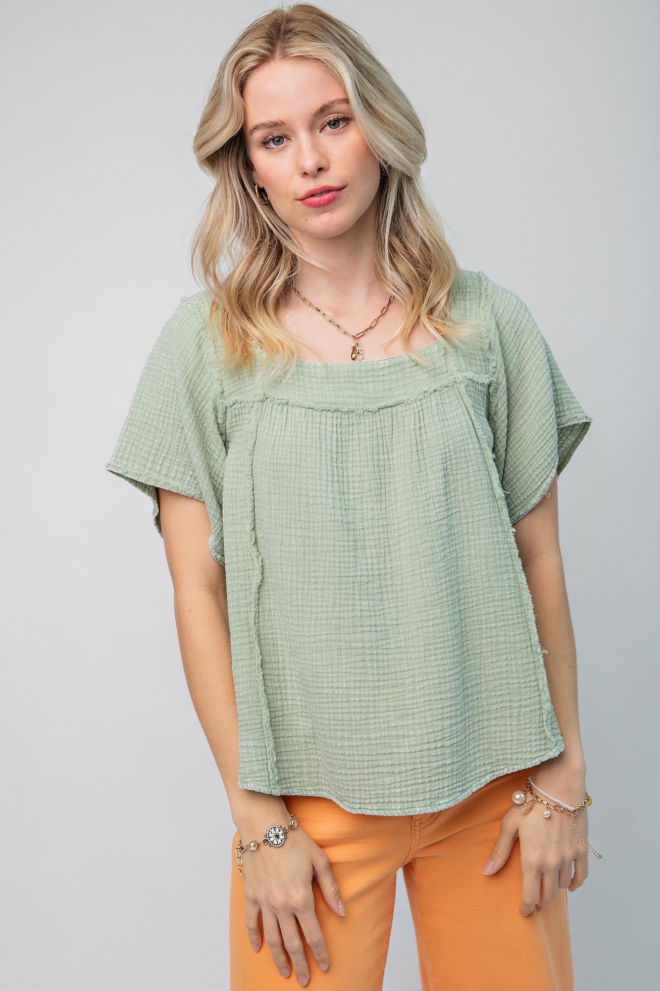 Sage Washed Cotton Gauze Top sold by Pinkblush