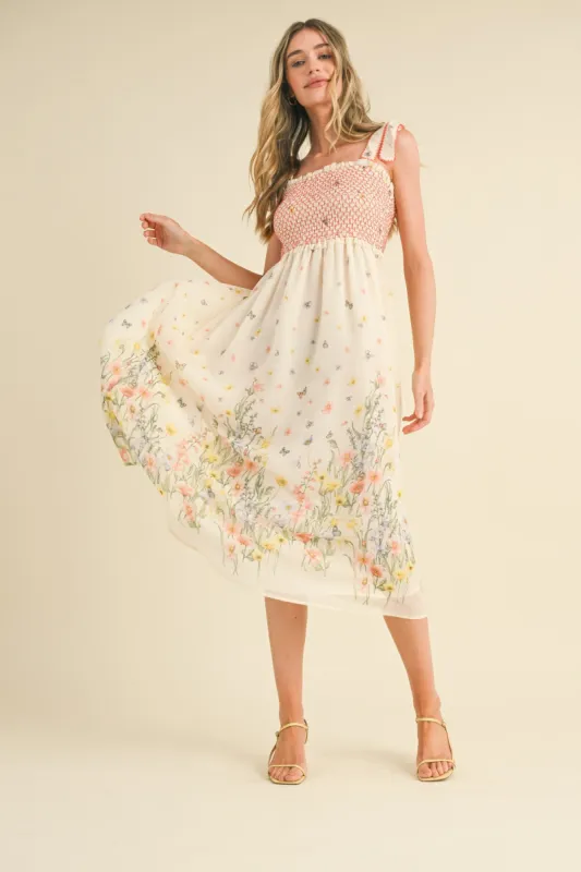 Ivory Multi Floral Contrast Thread Smocked Floral Midi Dress sold by Pinkblush