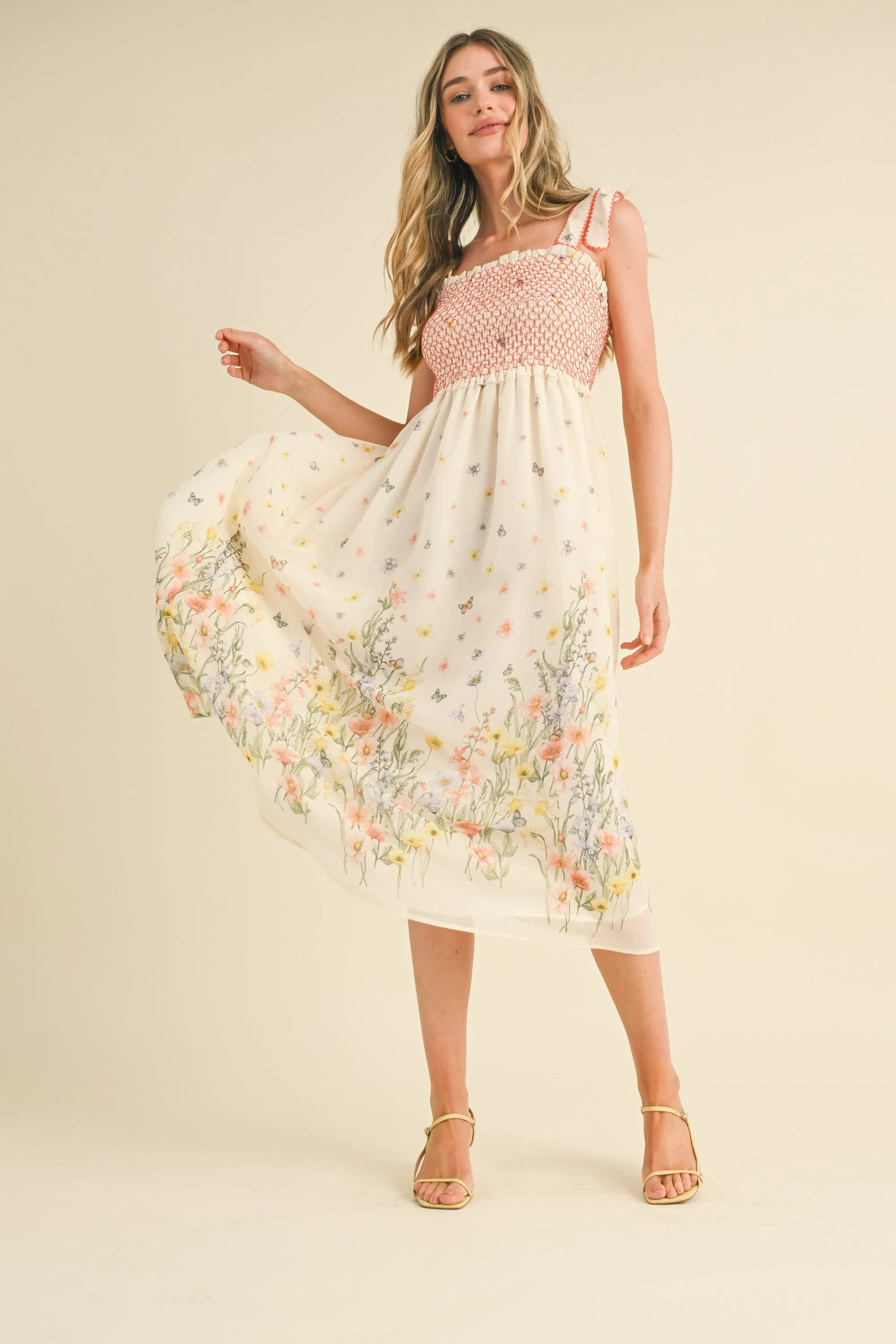 Ivory Multi Floral Contrast Thread Smocked Floral Midi Dress sold by Pinkblush