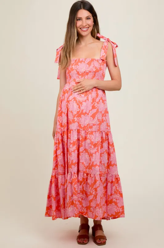 Orange Floral Tiered Shoulder Tie Maternity Dress sold by Pinkblush