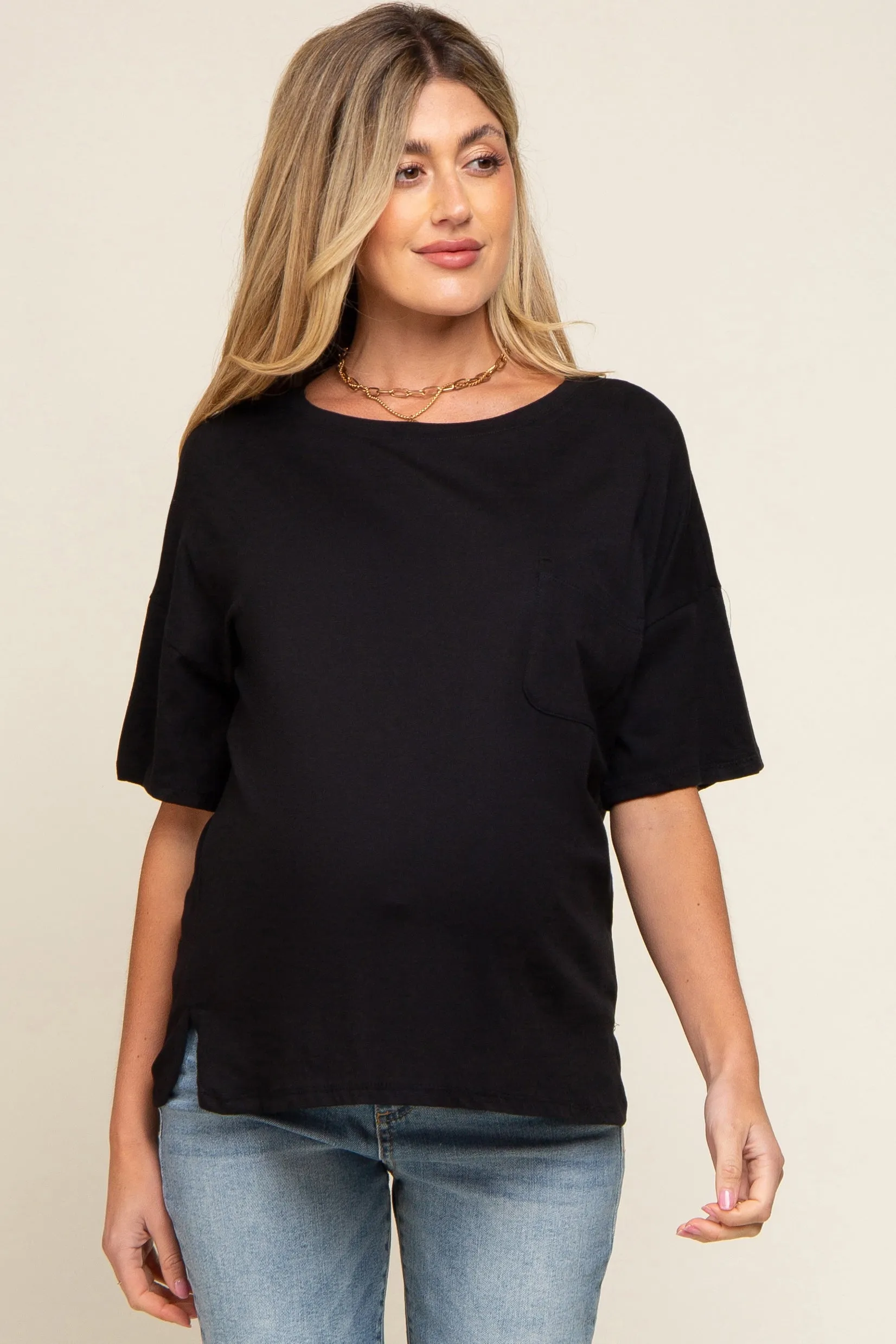 Black Short Sleeve Pocketed Maternity Top sold by Pinkblush