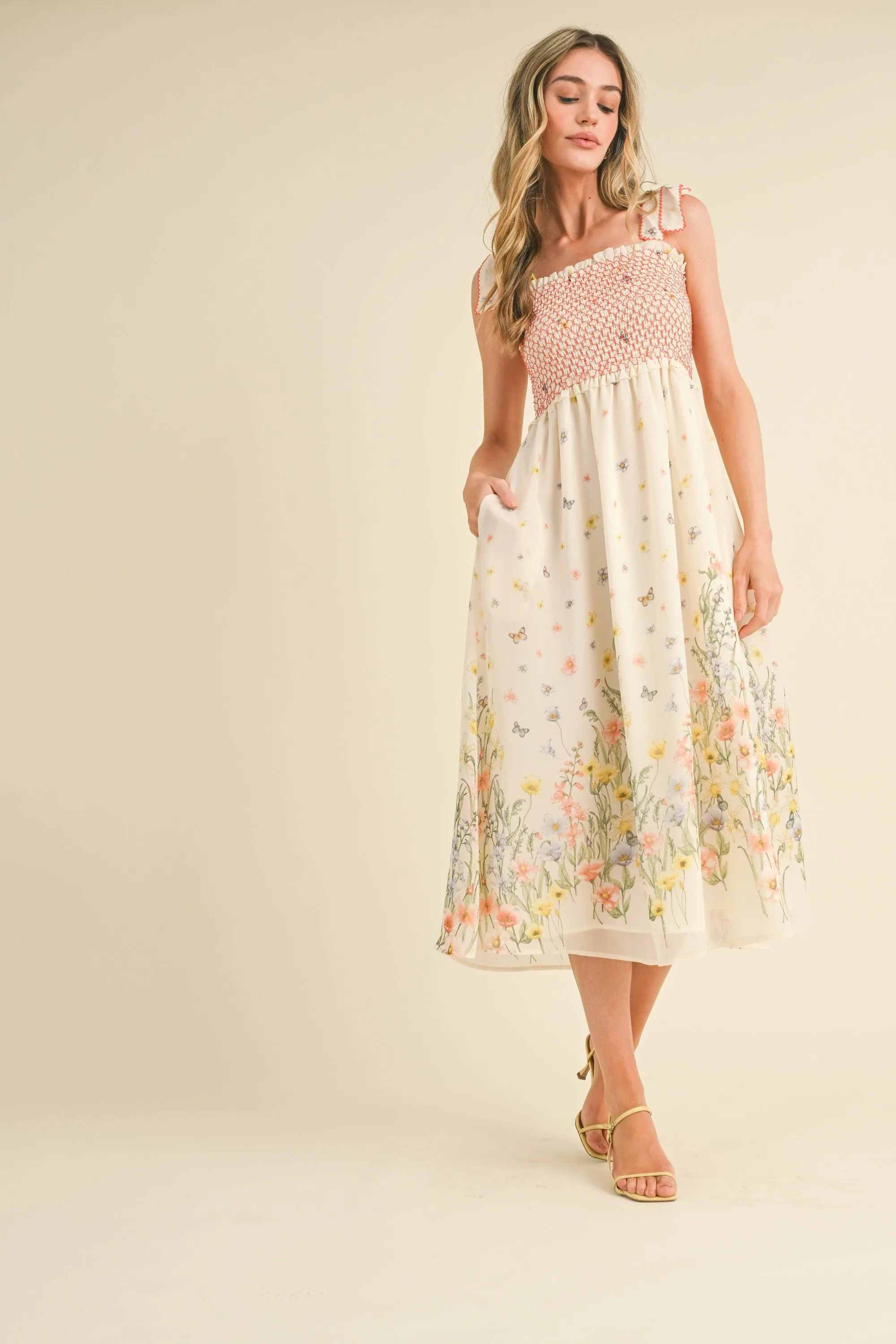 Ivory Multi Floral Contrast Thread Smocked Floral Midi Dress sold by Pinkblush product image thumbnail 2