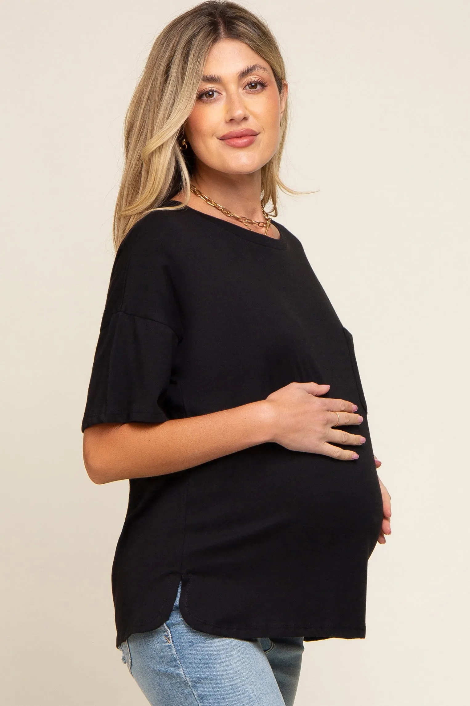 Black Short Sleeve Pocketed Maternity Top sold by Pinkblush product image thumbnail 2