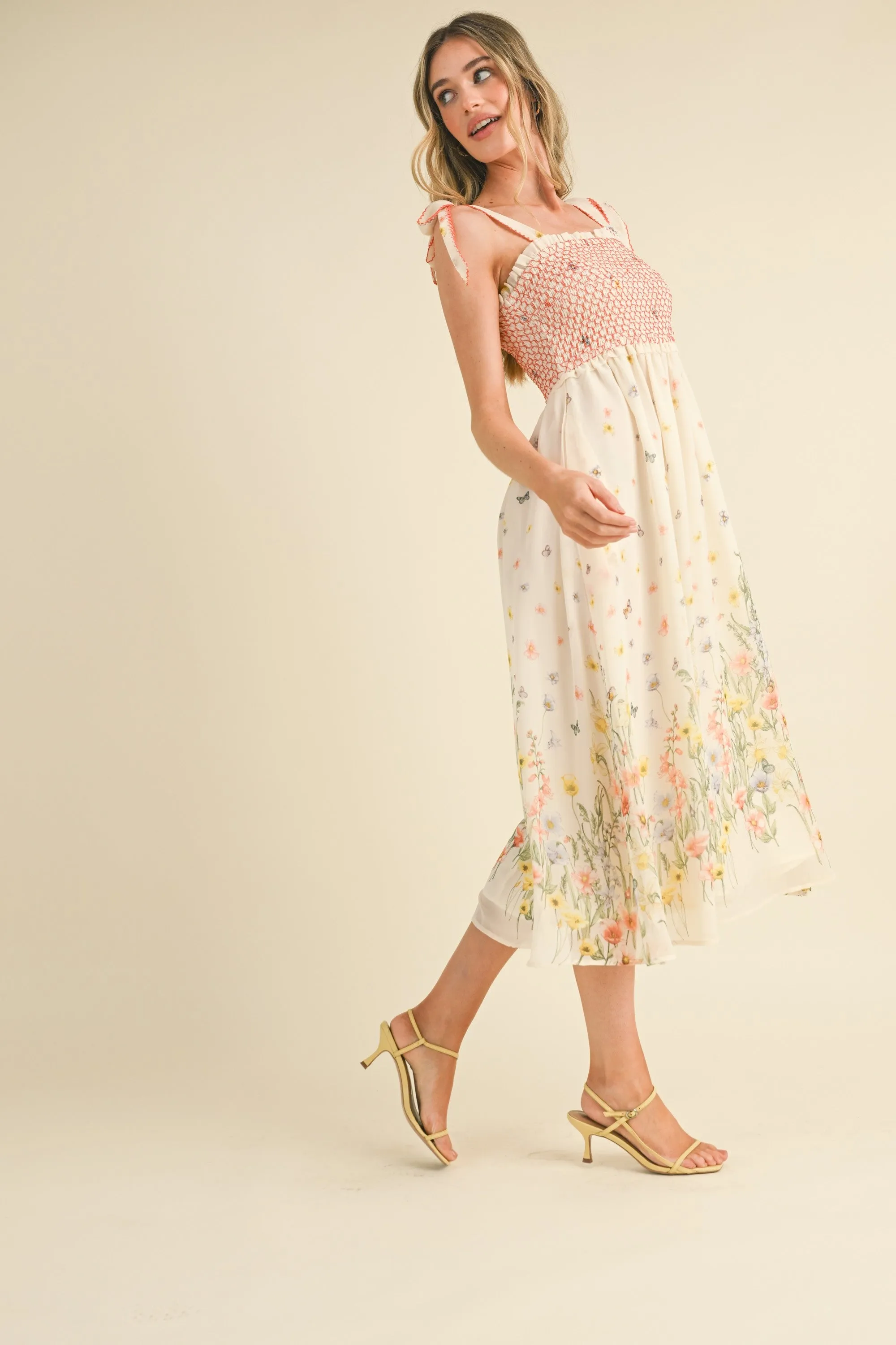 Ivory Multi Floral Contrast Thread Smocked Floral Midi Dress sold by Pinkblush product image thumbnail 3