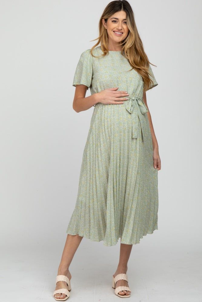 Mint Green Floral Pleated Maternity Midi Dress sold by Pinkblush