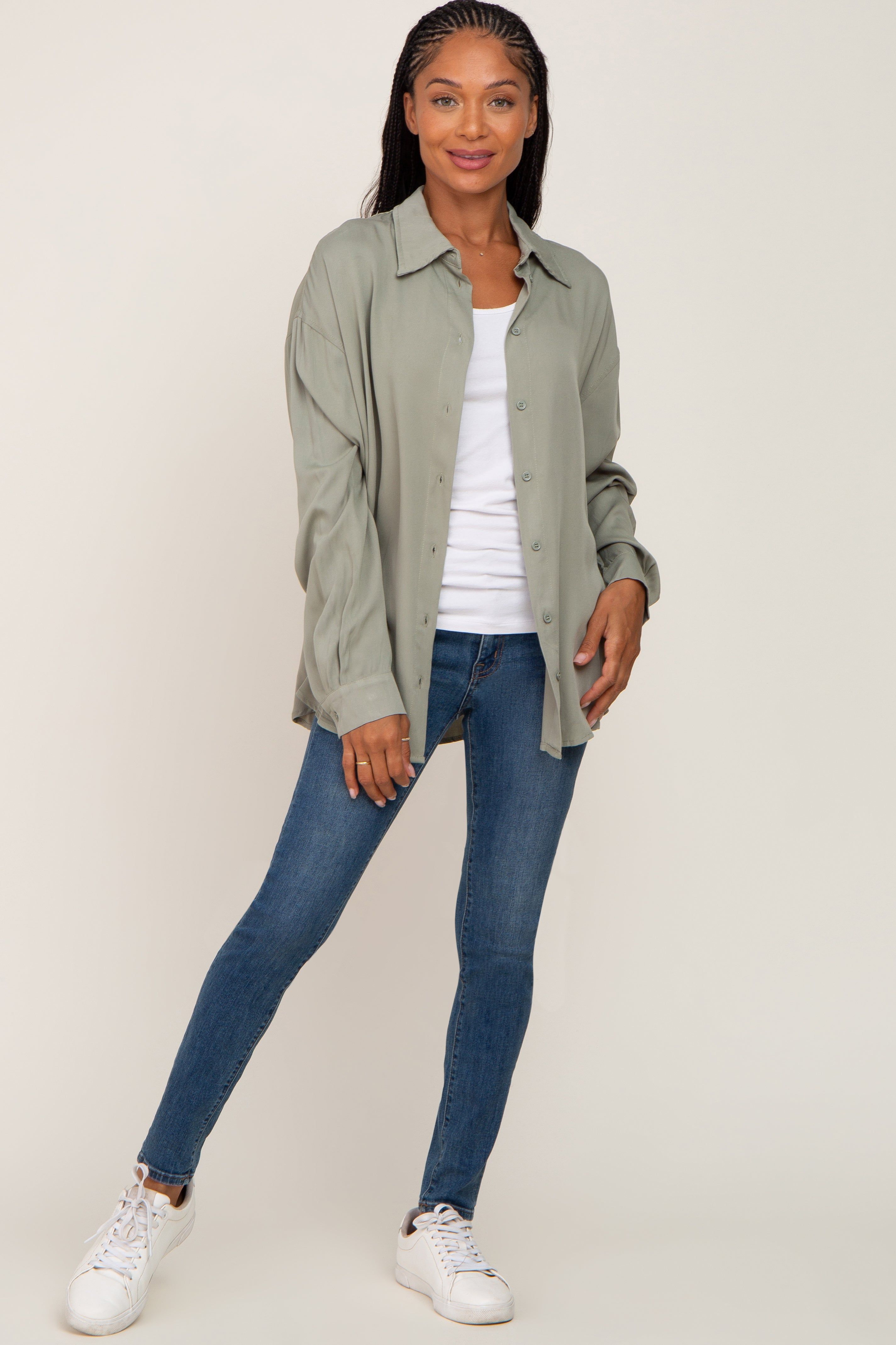 Olive Oversized Button Down Blouse sold by Pinkblush product image thumbnail 4