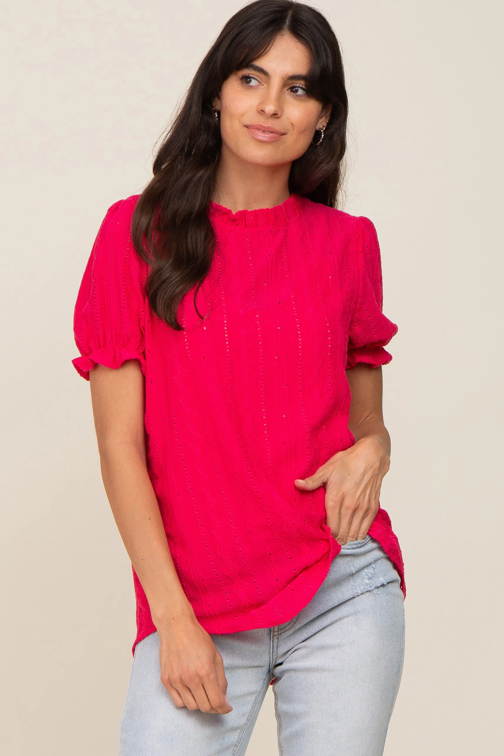 Fuchsia Eyelet Textured Mock Neck Top sold by Pinkblush