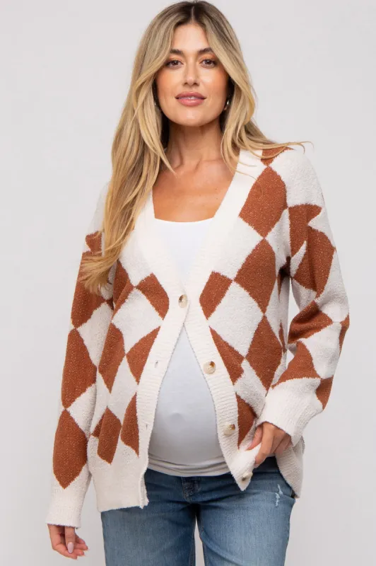 Camel Argyle Soft Knit Maternity Cardigan sold by Pinkblush