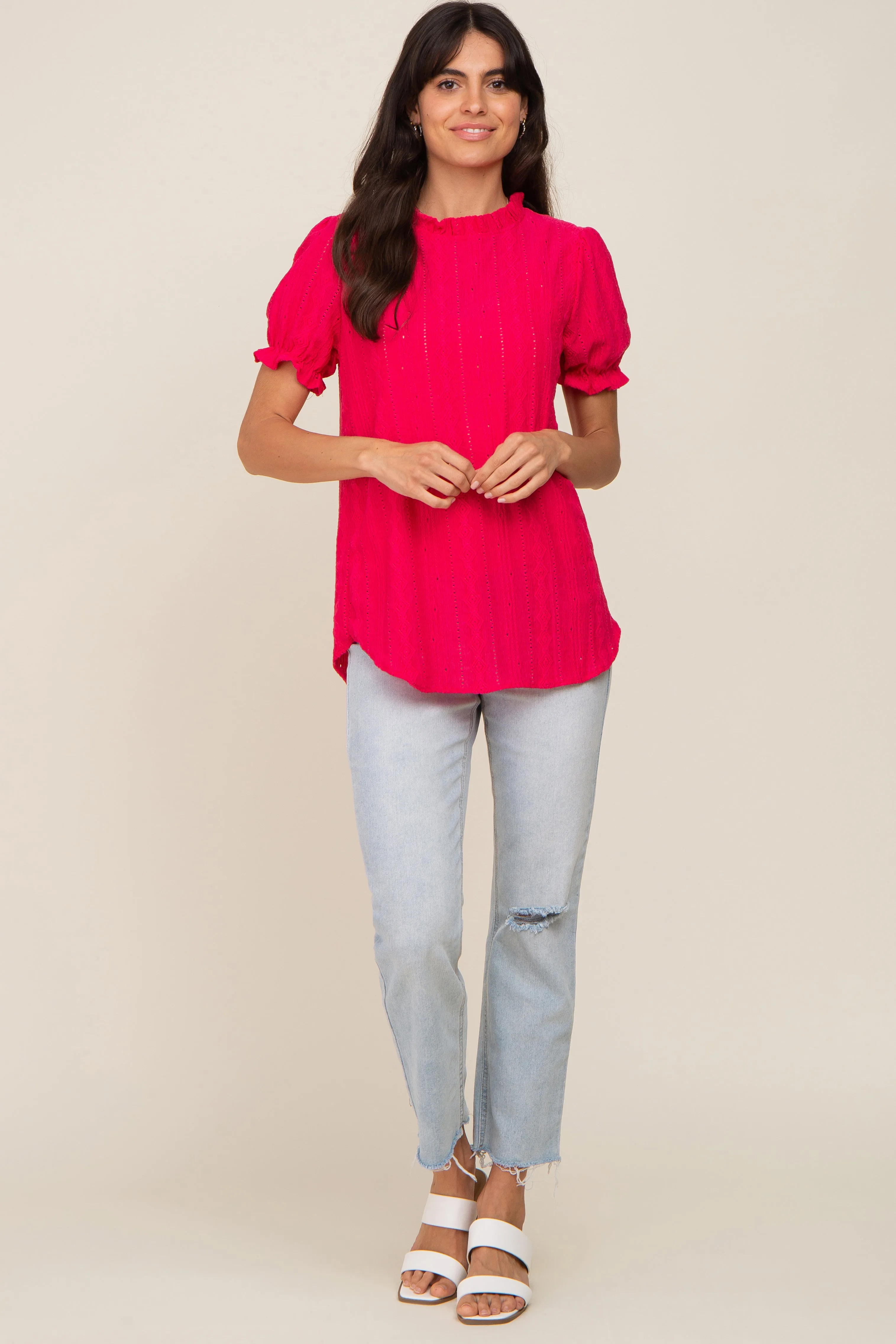 Fuchsia Eyelet Textured Mock Neck Top sold by Pinkblush product image thumbnail 4