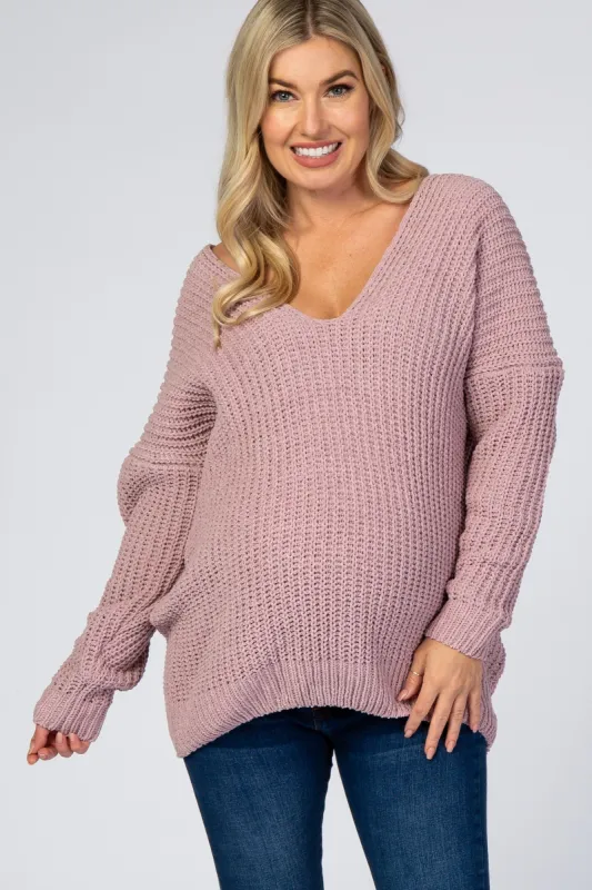 Mauve Soft Knit V-Neck Maternity Sweater sold by Pinkblush