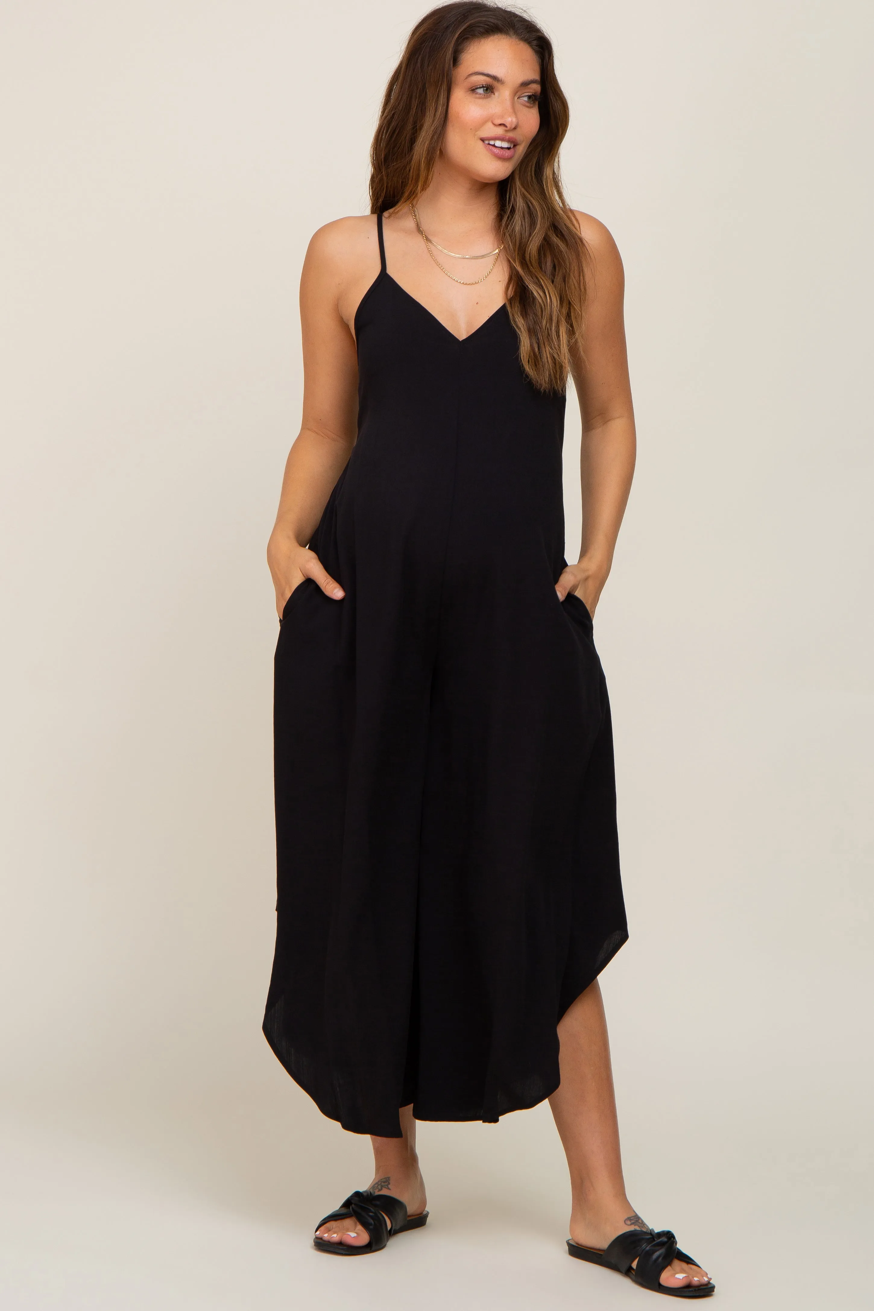 Black Sleeveless Asymmetrical Hem Maternity Jumpsuit sold by Pinkblush product image thumbnail 4