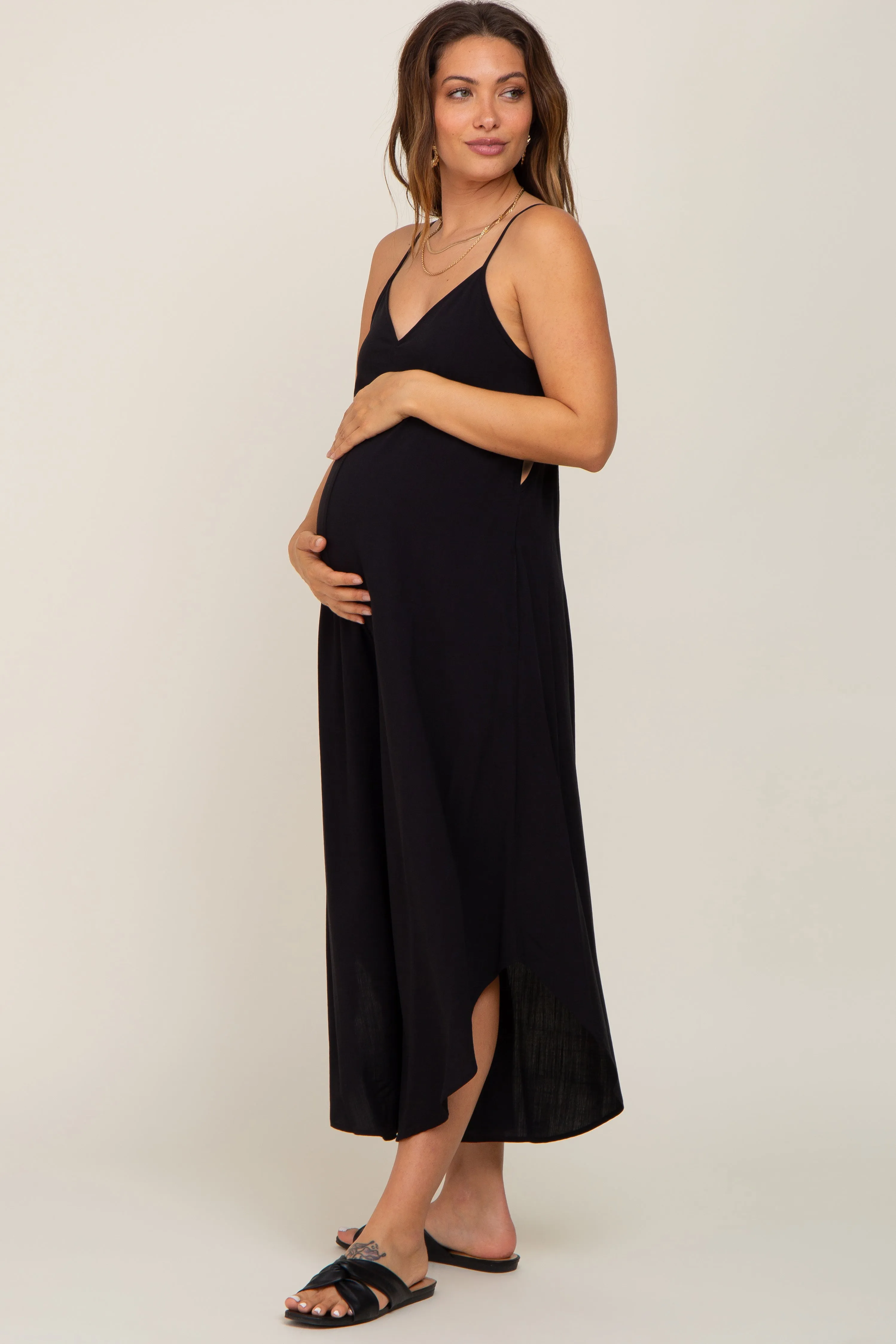 Black Sleeveless Asymmetrical Hem Maternity Jumpsuit sold by Pinkblush product image thumbnail 2