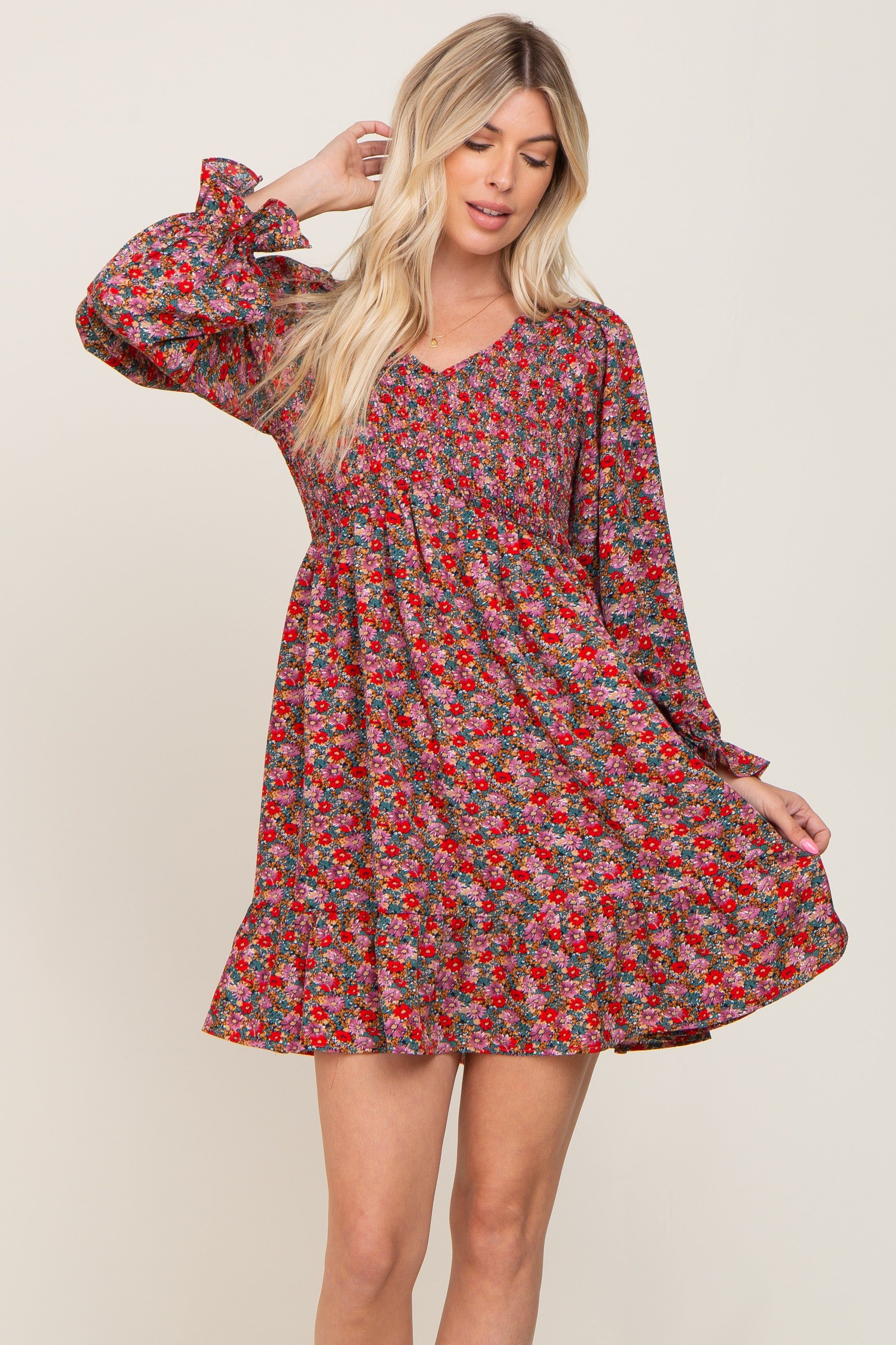 Red Floral Smocked Long Sleeve Dress sold by Pinkblush