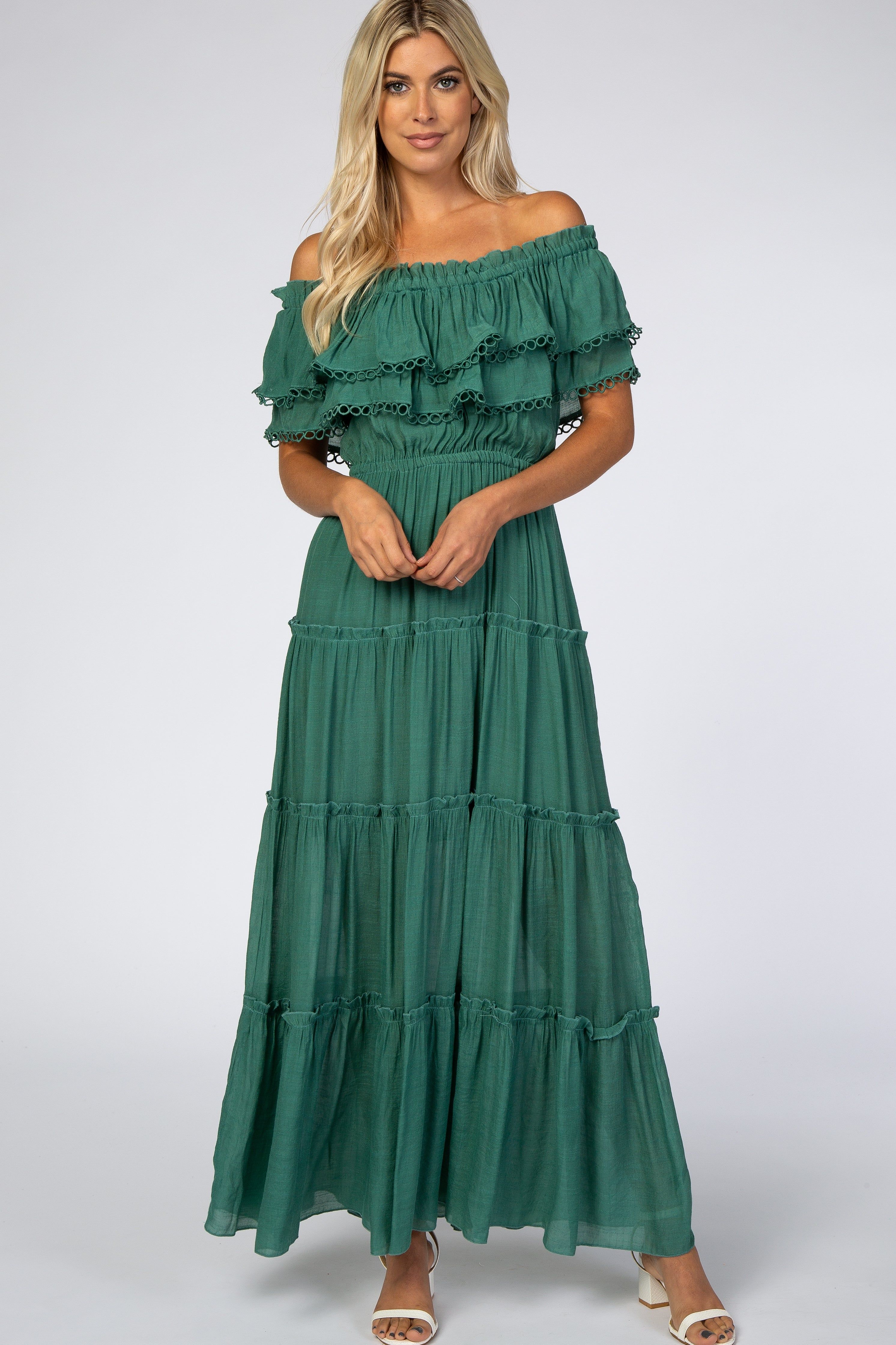 Green Off Shoulder Eyelet Tiered Maternity Maxi Dress sold by Pinkblush product image thumbnail 4