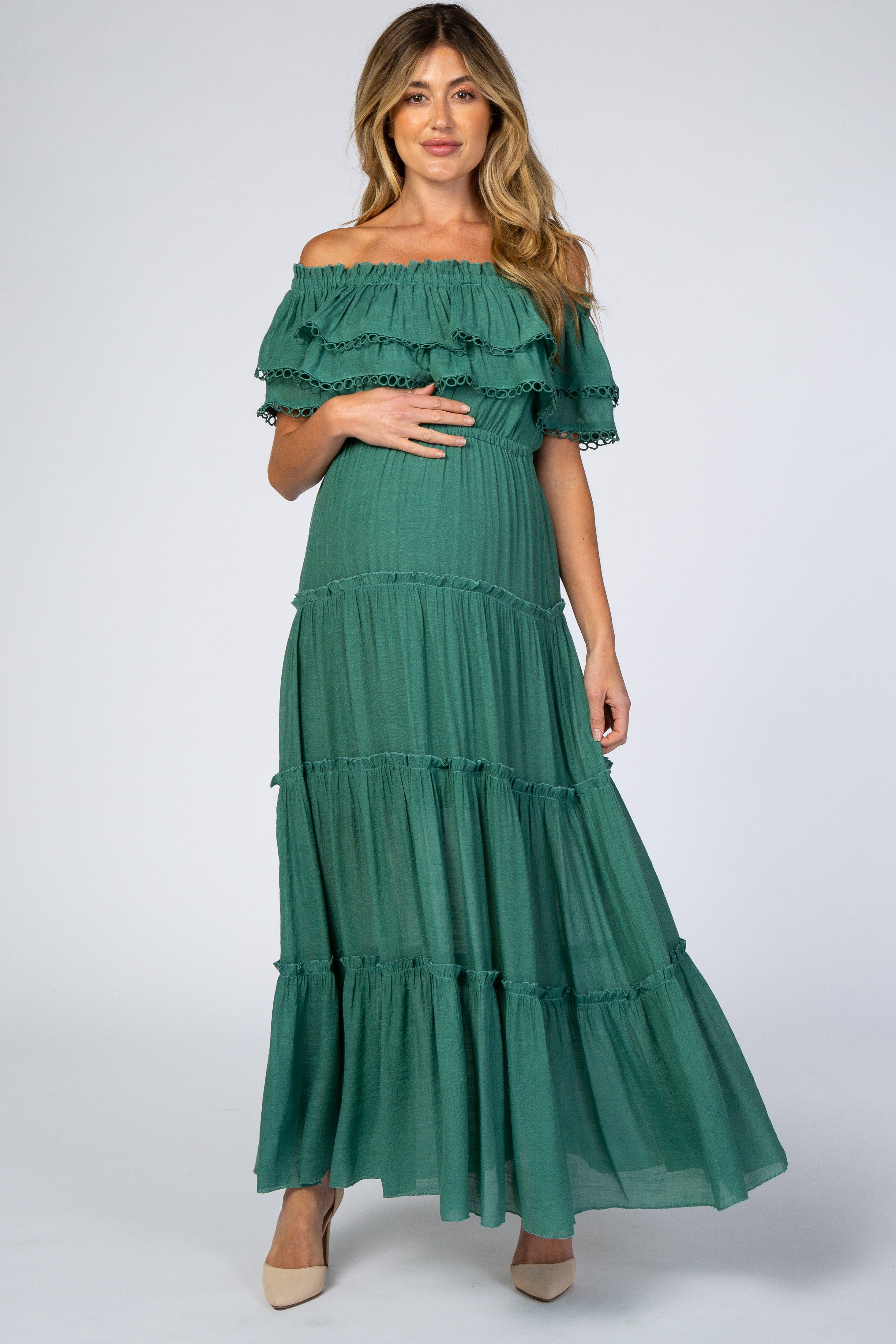Green Off Shoulder Eyelet Tiered Maternity Maxi Dress sold by Pinkblush