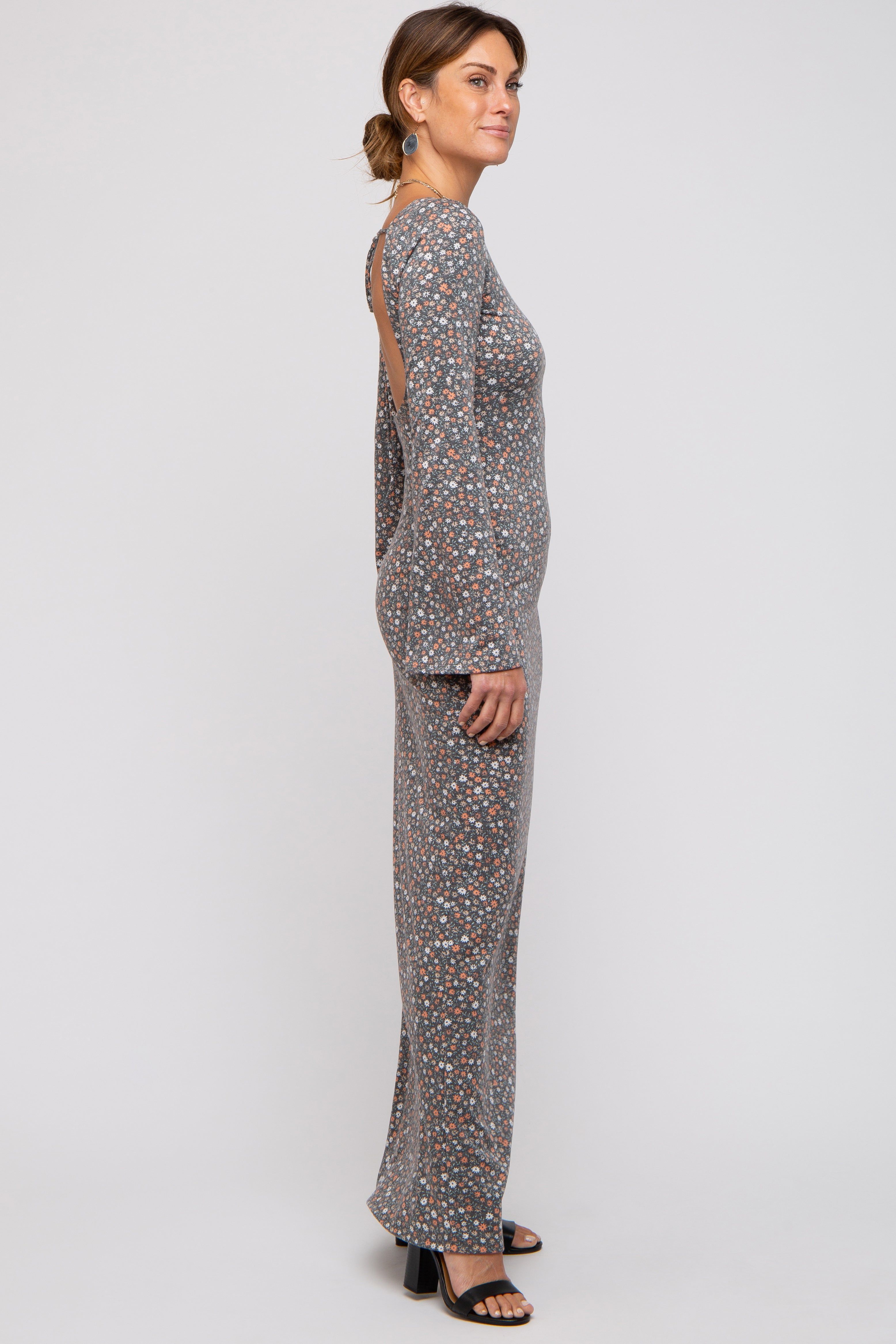 Charcoal Floral Long Sleeve Open Back Maxi Dress sold by Pinkblush product image thumbnail 2