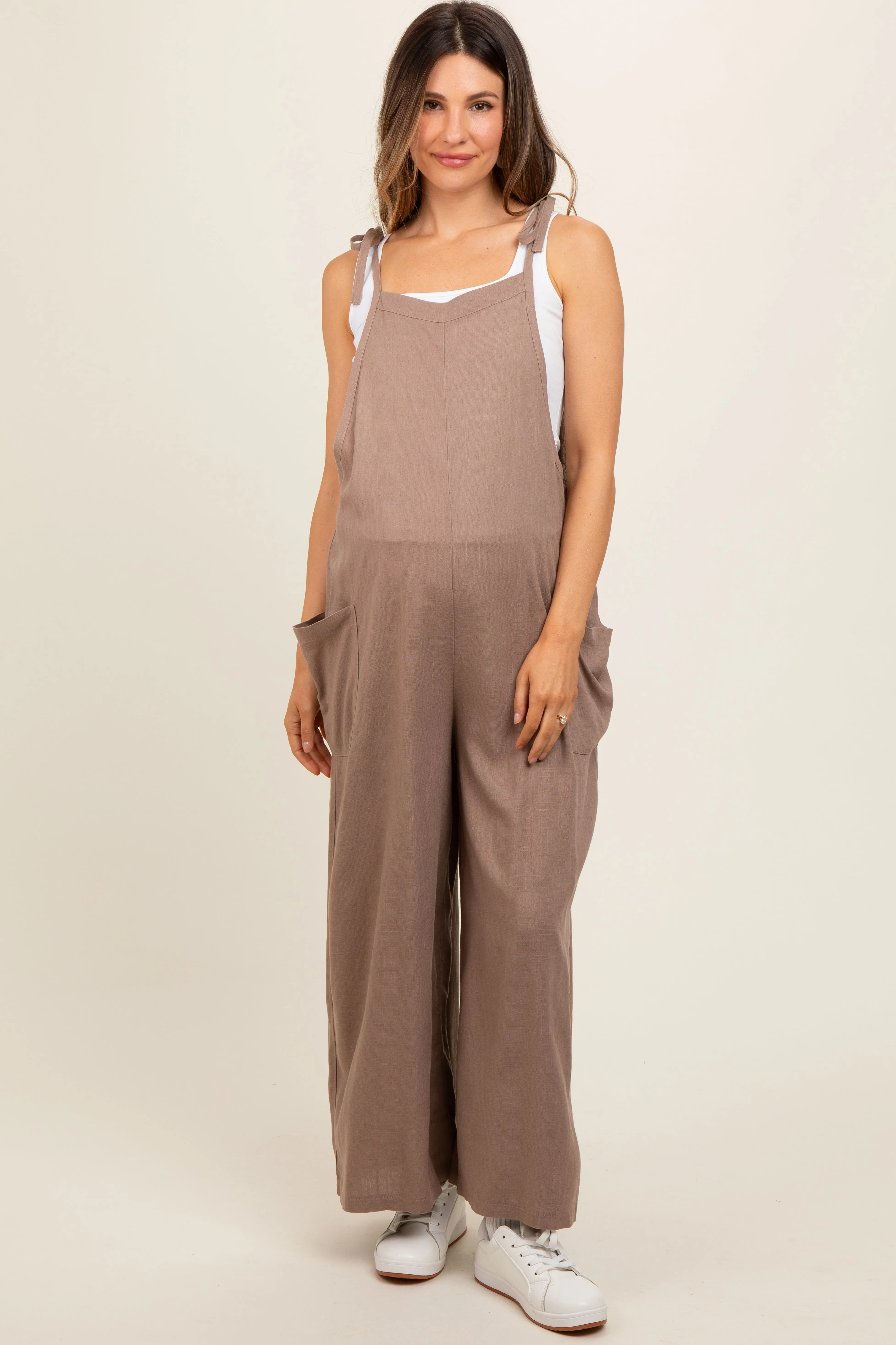 Mocha Linen Shoulder Tie Maternity Jumpsuit sold by Pinkblush
