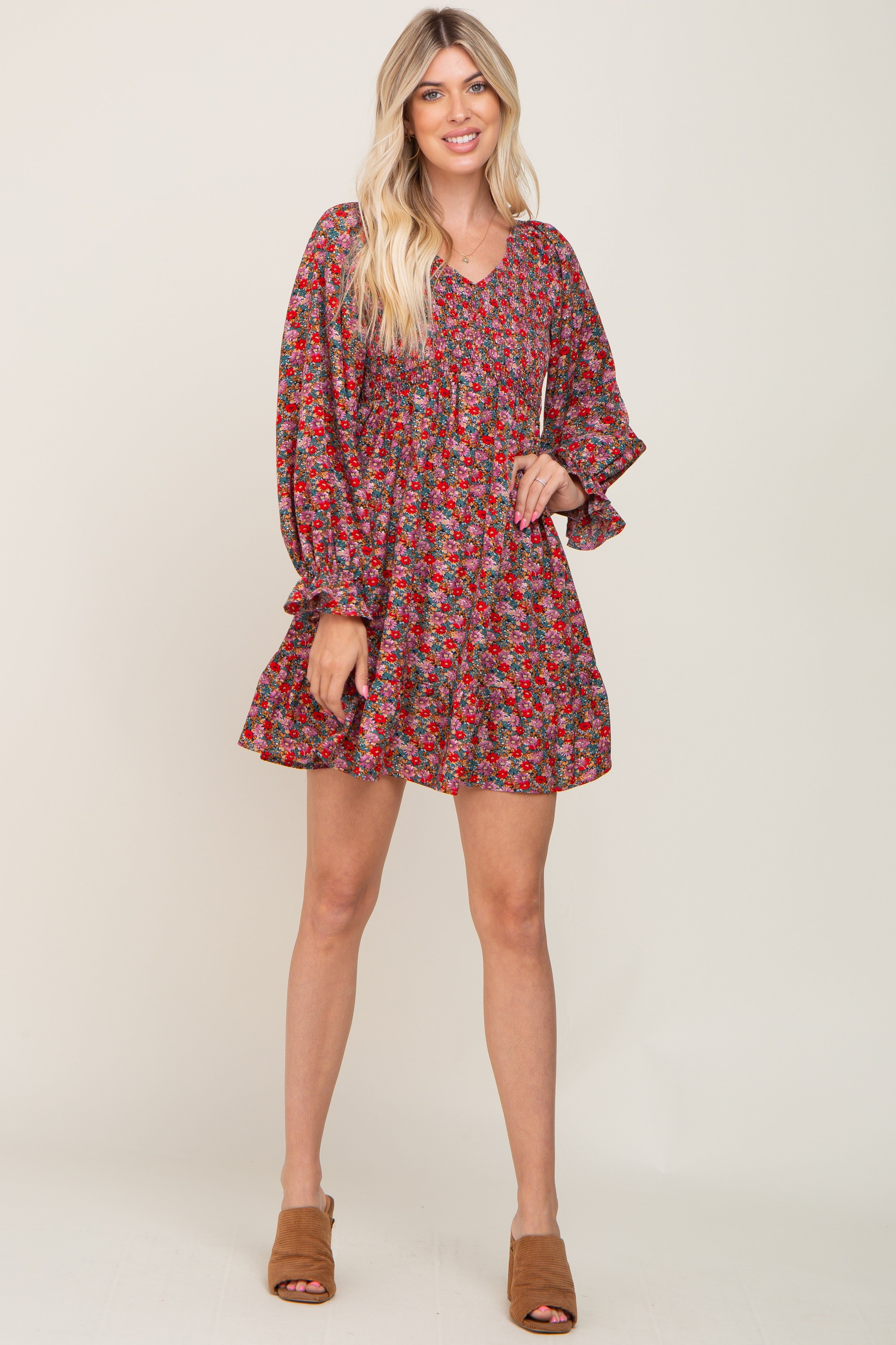 Red Floral Smocked Long Sleeve Dress sold by Pinkblush product image thumbnail 5