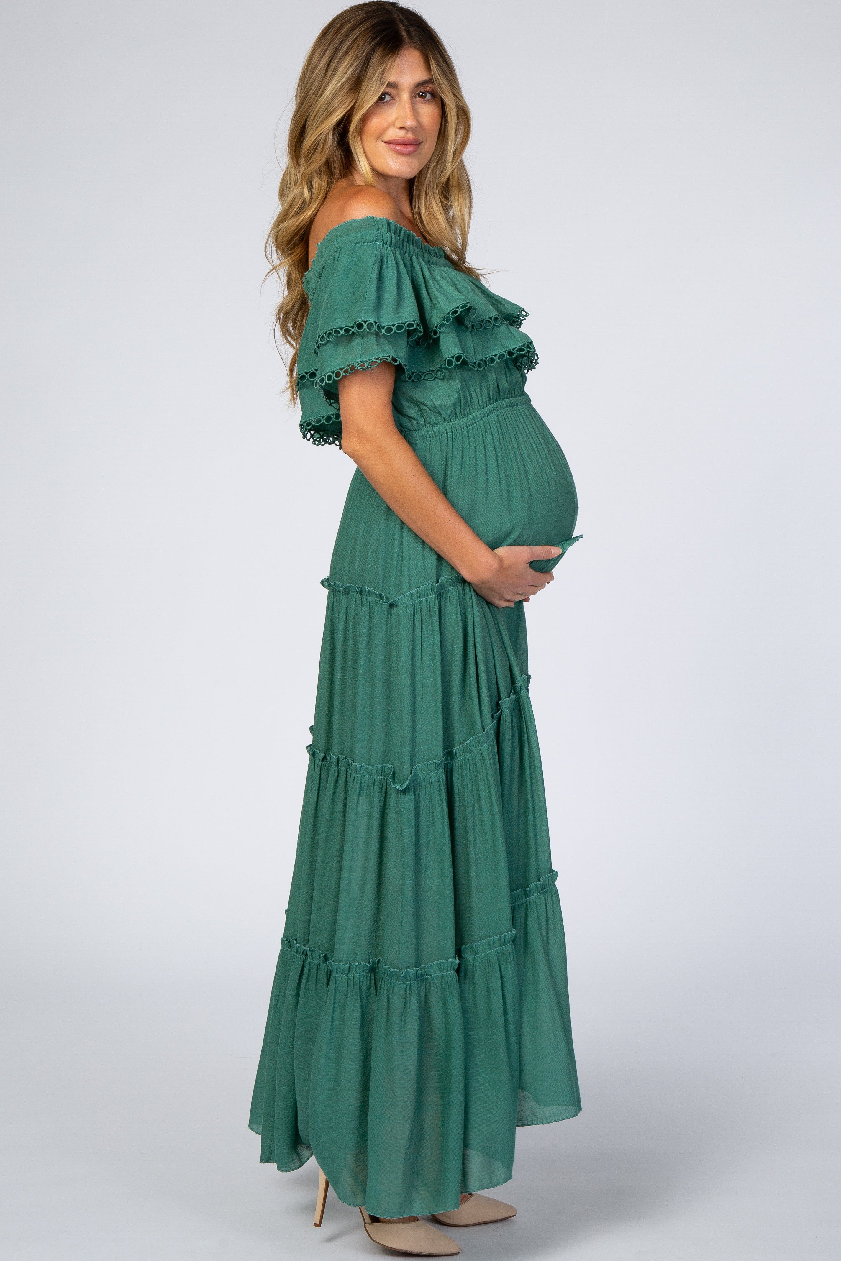 Green Off Shoulder Eyelet Tiered Maternity Maxi Dress sold by Pinkblush product image thumbnail 2