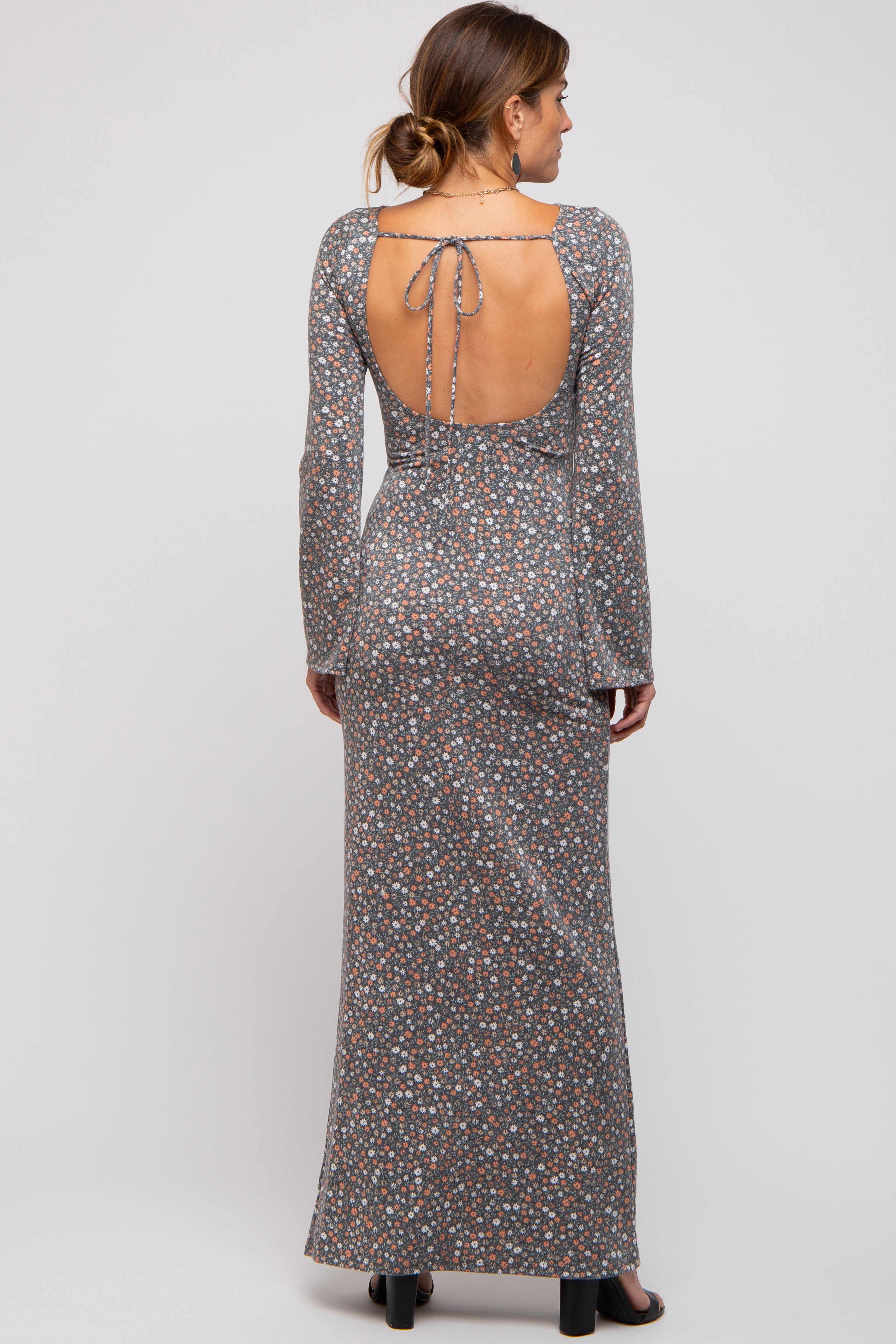 Charcoal Floral Long Sleeve Open Back Maxi Dress sold by Pinkblush product image thumbnail 3
