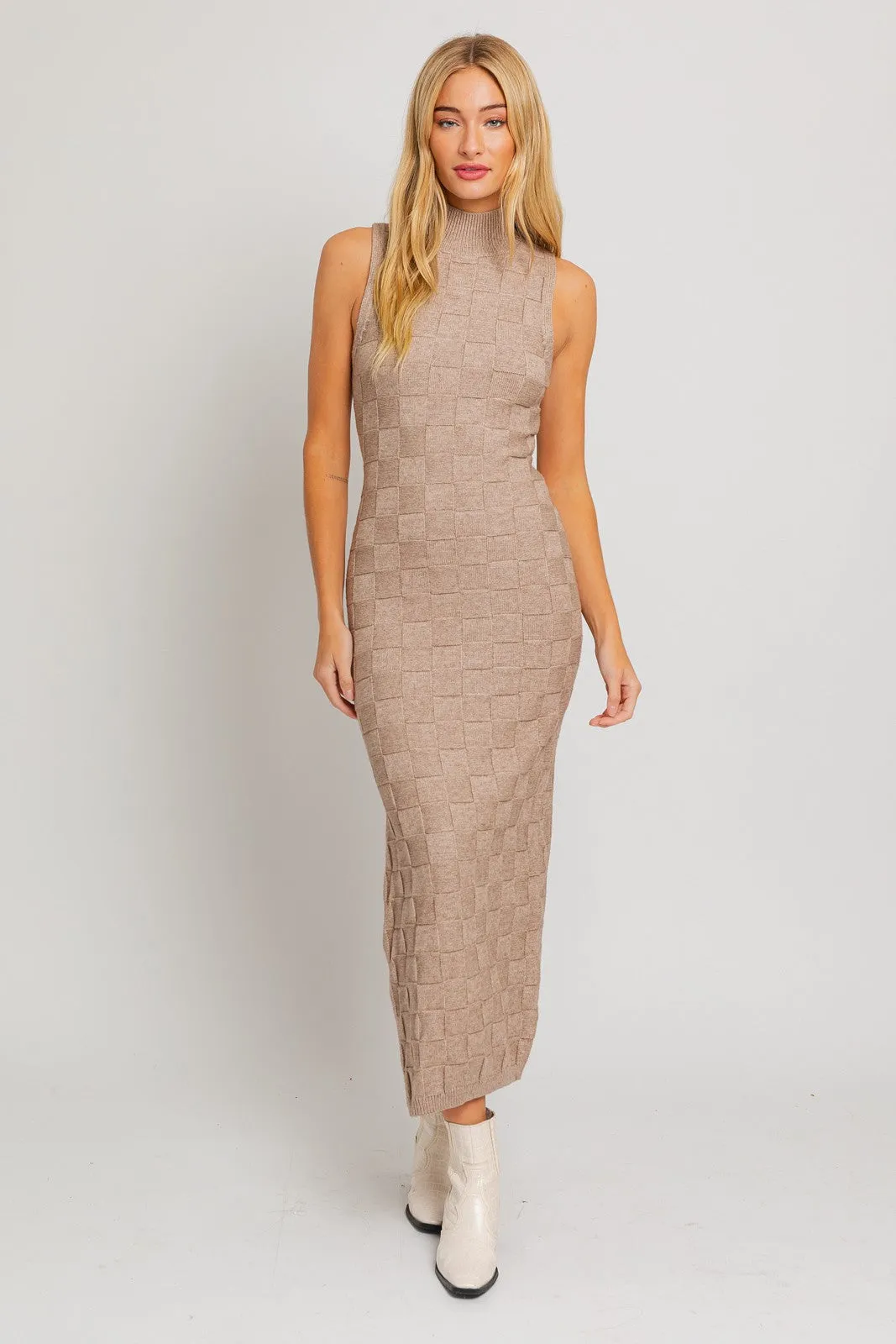 Mocha Checkered Mock Neck Maxi Dress sold by Pinkblush