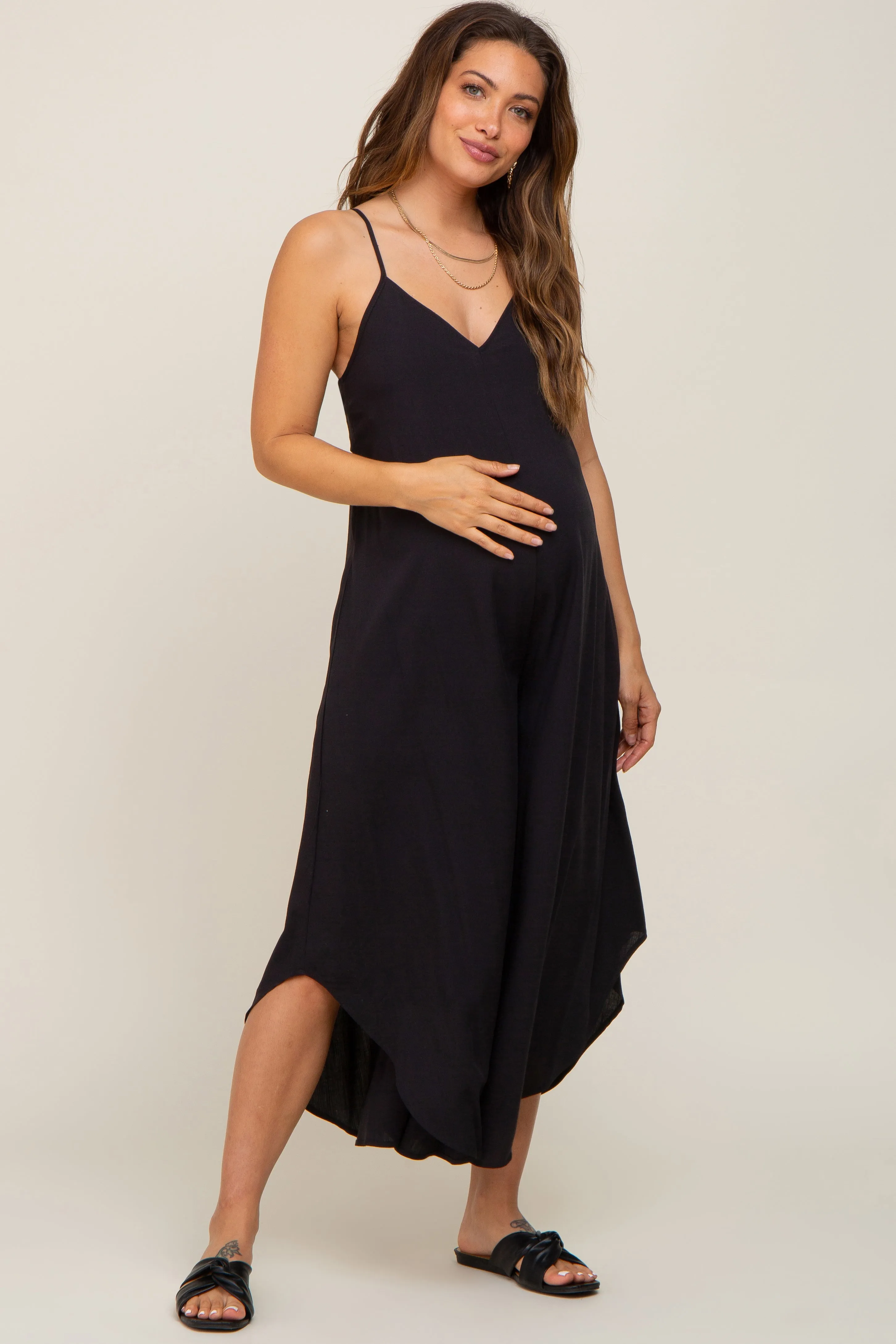 Black Sleeveless Asymmetrical Hem Maternity Jumpsuit sold by Pinkblush