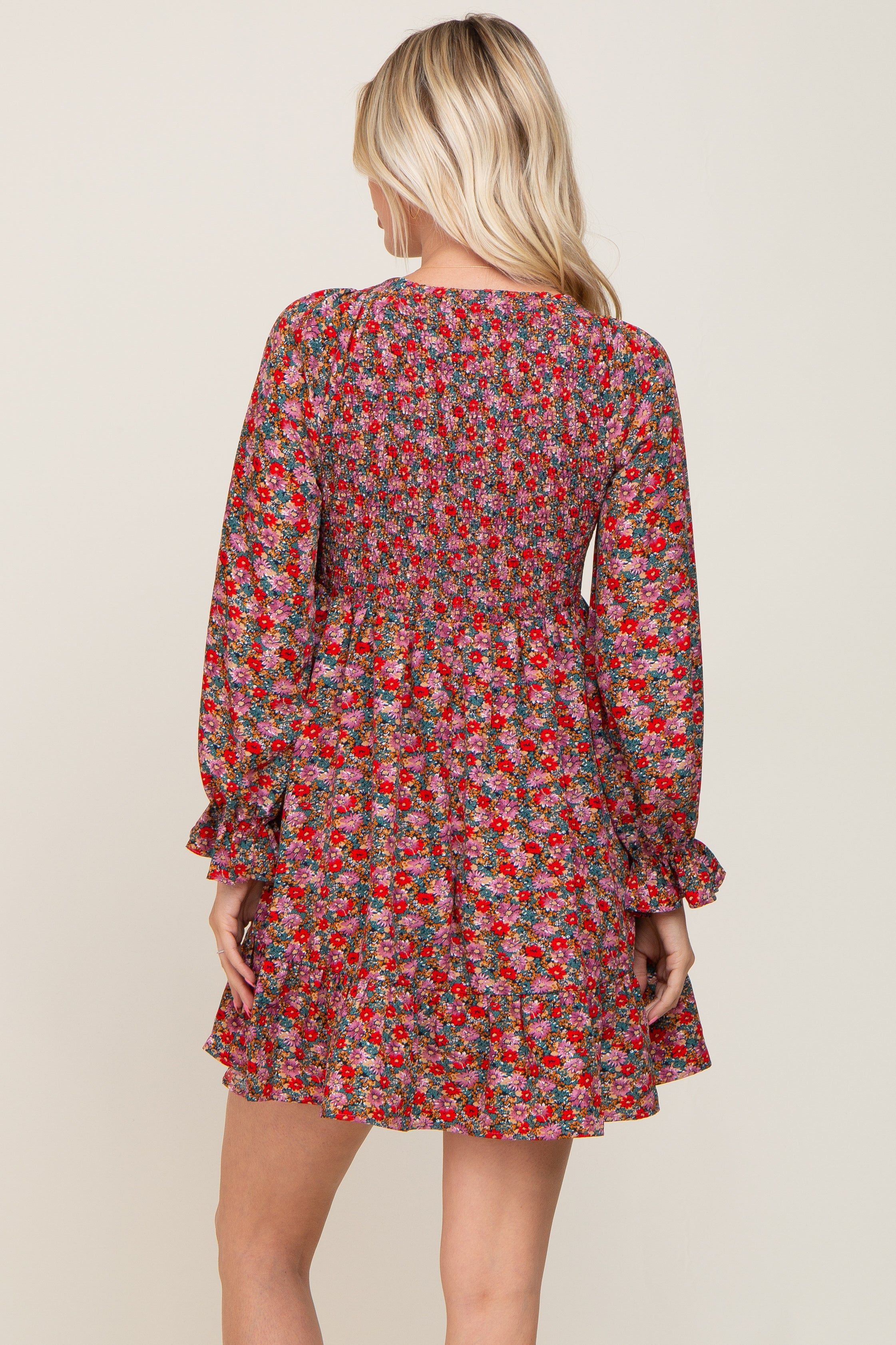 Red Floral Smocked Long Sleeve Dress sold by Pinkblush product image thumbnail 3