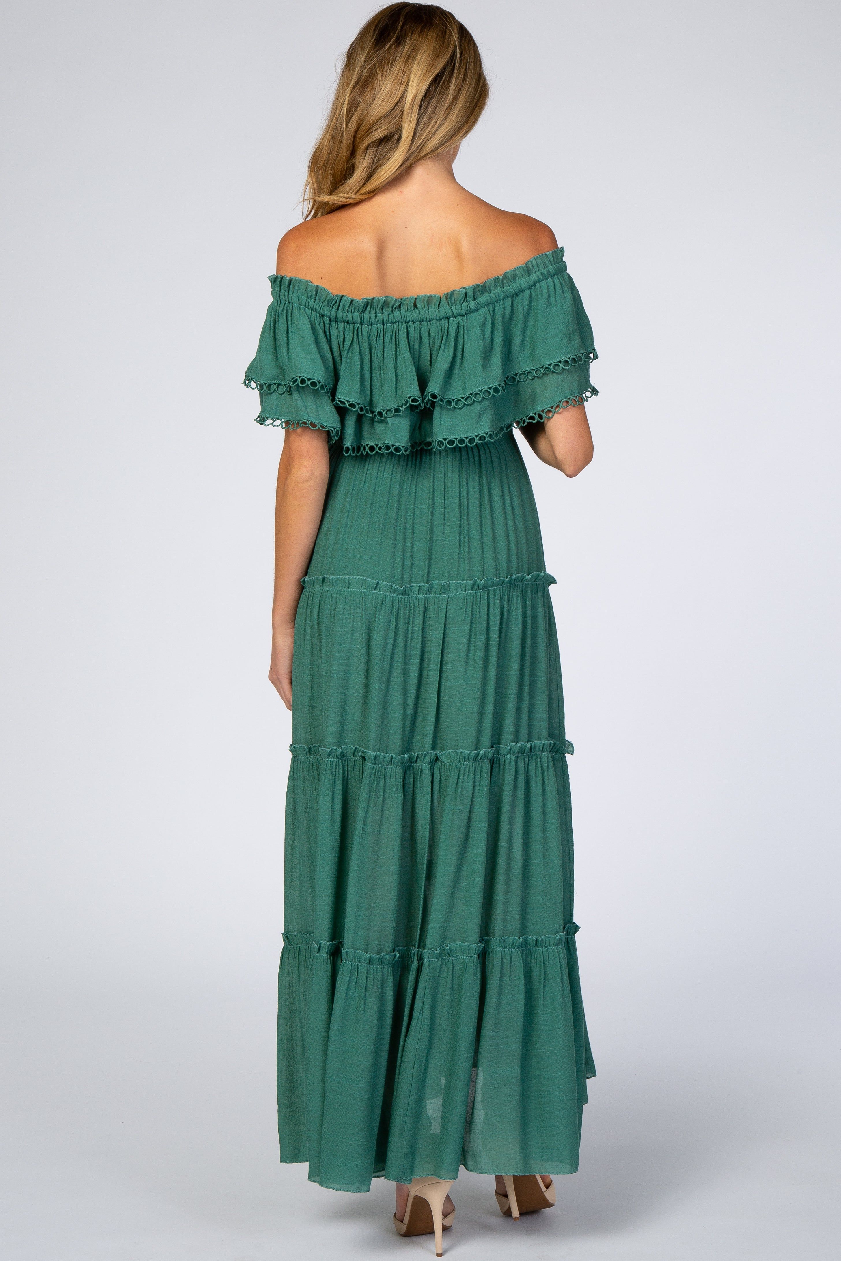 Green Off Shoulder Eyelet Tiered Maternity Maxi Dress sold by Pinkblush product image thumbnail 3