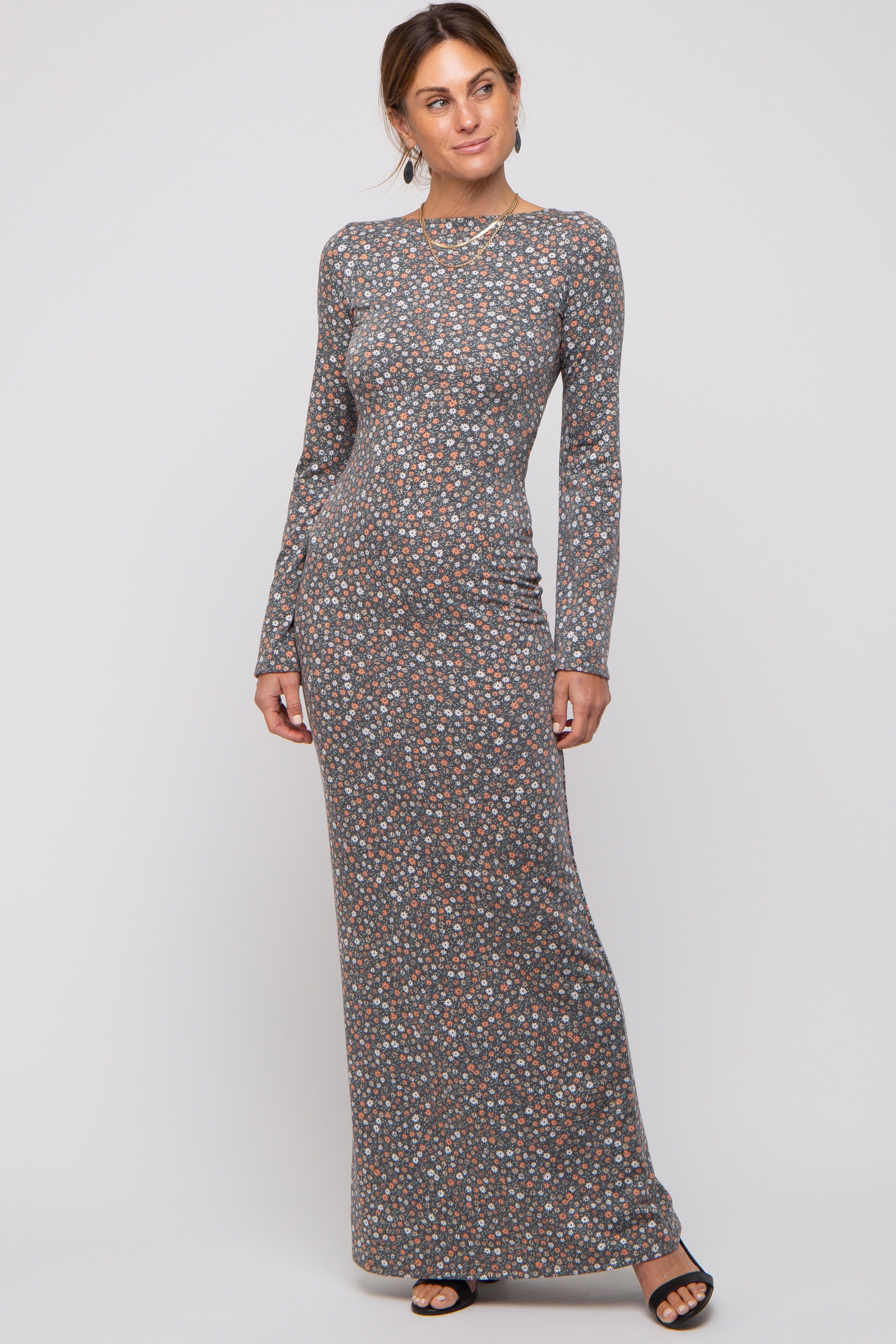 Charcoal Floral Long Sleeve Open Back Maxi Dress sold by Pinkblush product image thumbnail 4
