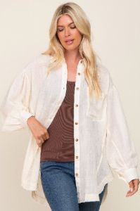 Beige Linen Collared Button Up Raw Edge Maternity Top sold by Pinkblush