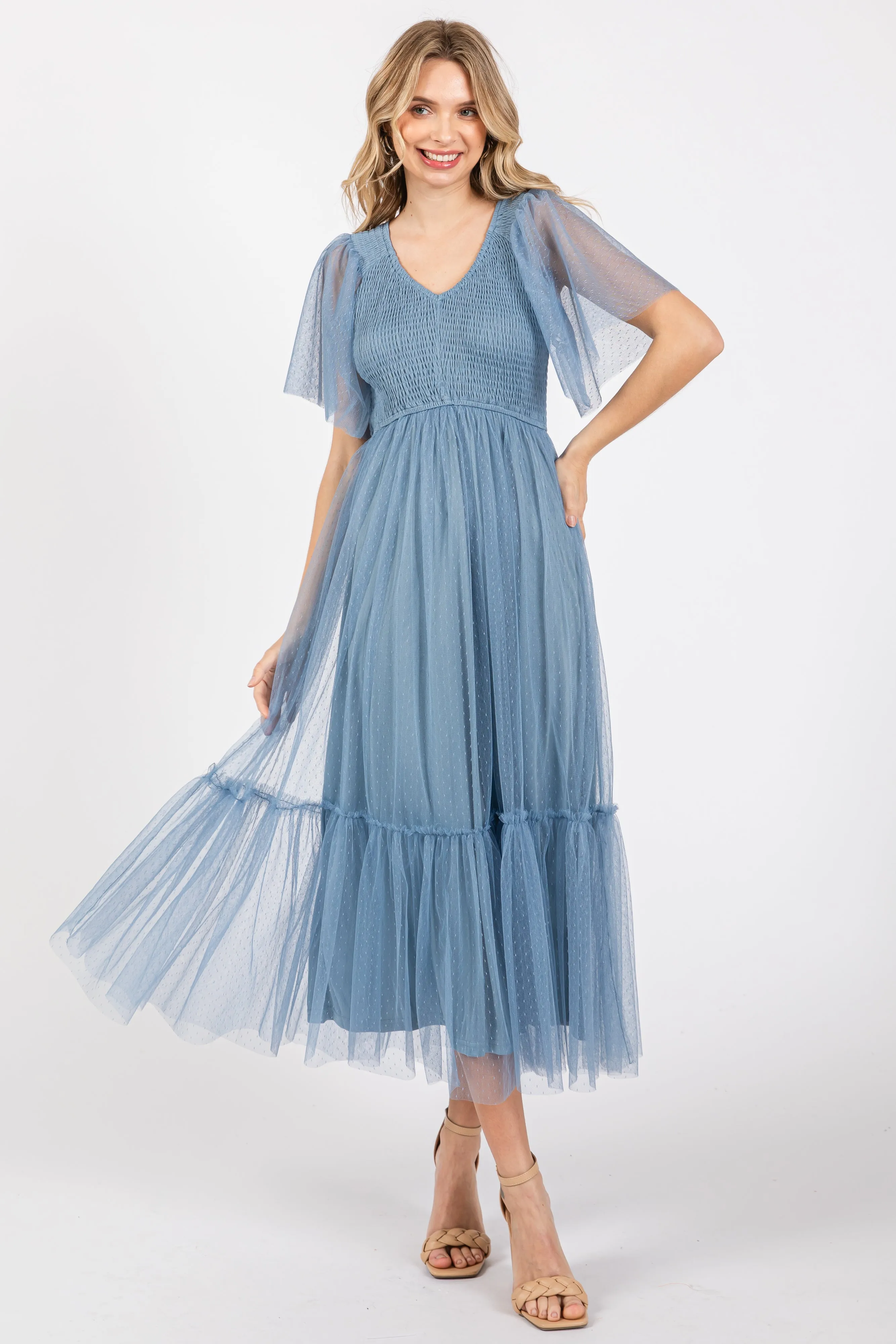 Blue Dotted Tulle Smocked Maternity Midi Dress sold by Pinkblush product image thumbnail 5