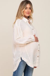 Beige Linen Collared Button Up Raw Edge Maternity Top sold by Pinkblush