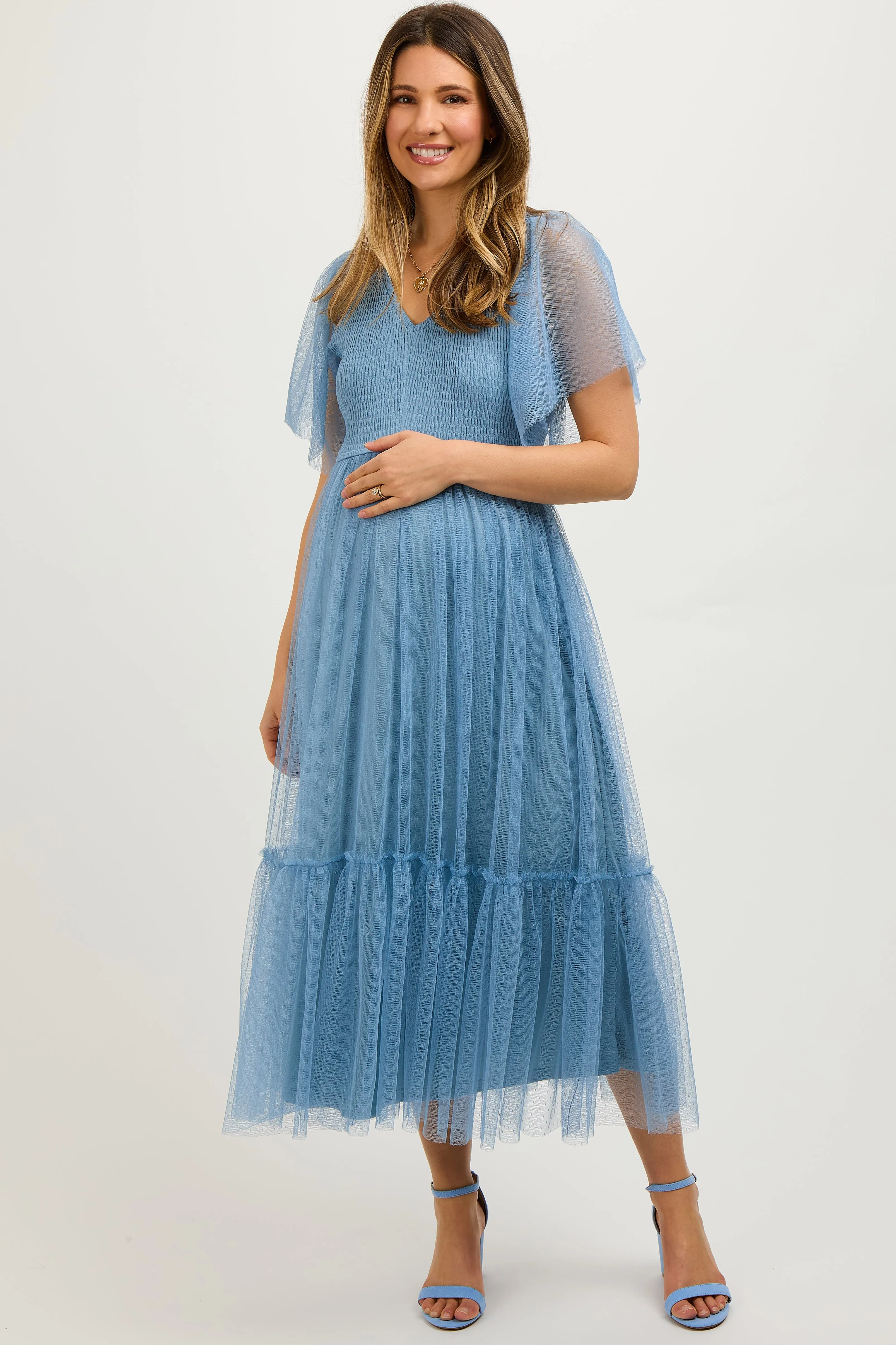 Blue Dotted Tulle Smocked Maternity Midi Dress sold by Pinkblush product image thumbnail 2