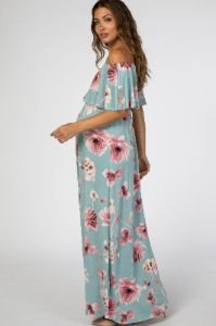 Mint Green Floral Off Shoulder Maternity Maxi Dress sold by Pinkblush