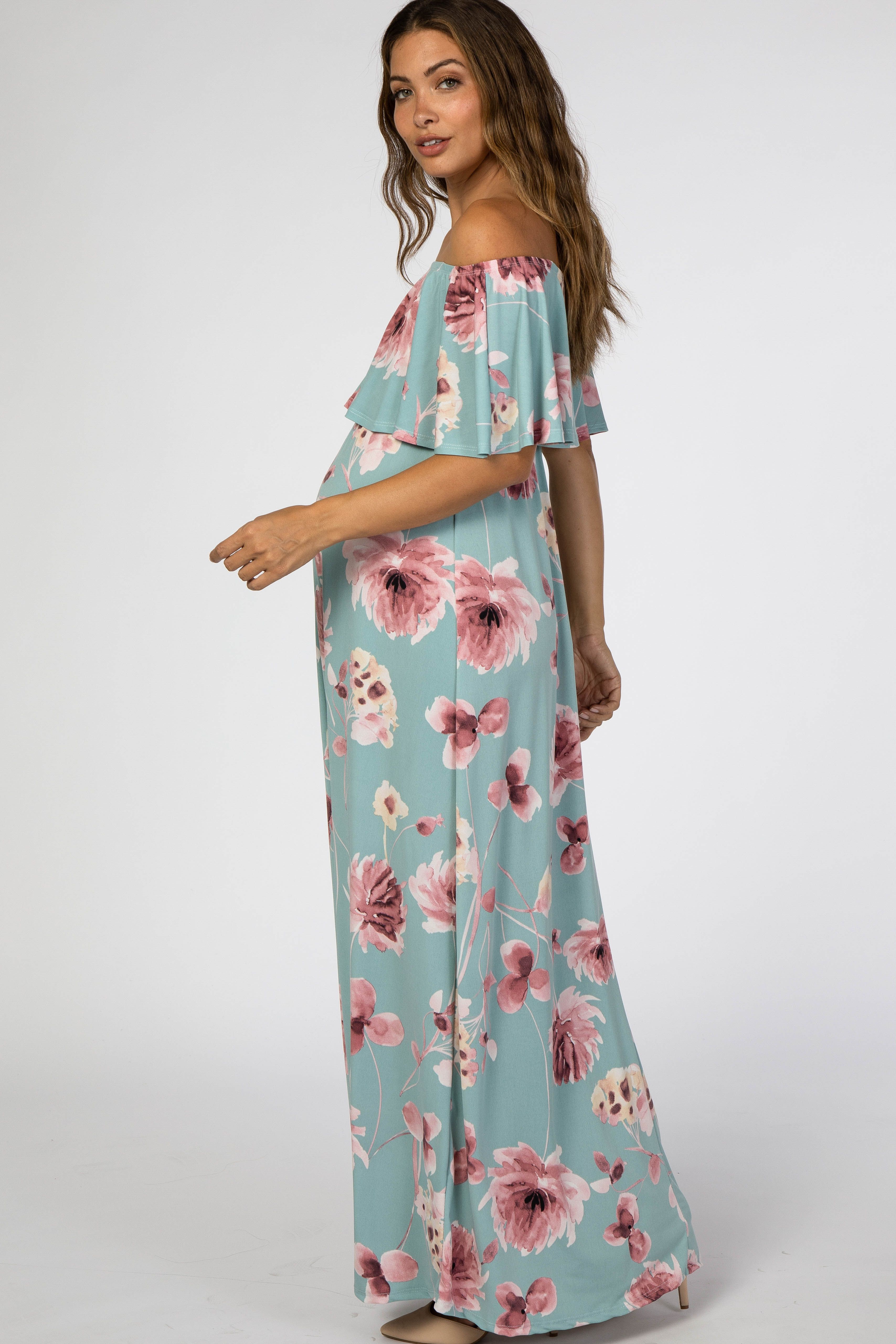 Mint Green Floral Off Shoulder Maternity Maxi Dress sold by Pinkblush product image thumbnail 2